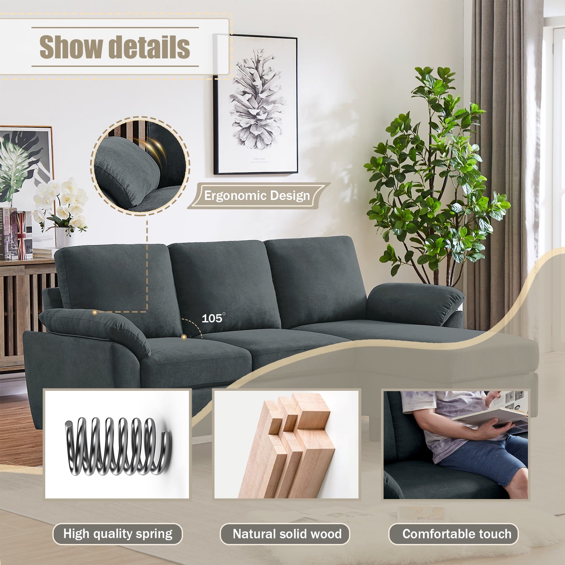 Jarenie 80 Convertible Sectional Sofa, Small L Shaped 3 Seat Couch with Reversible Storage Chaise, Modern Polyester Fabric Sofa Couches for Living Room, Apartment and Small Space, Beige