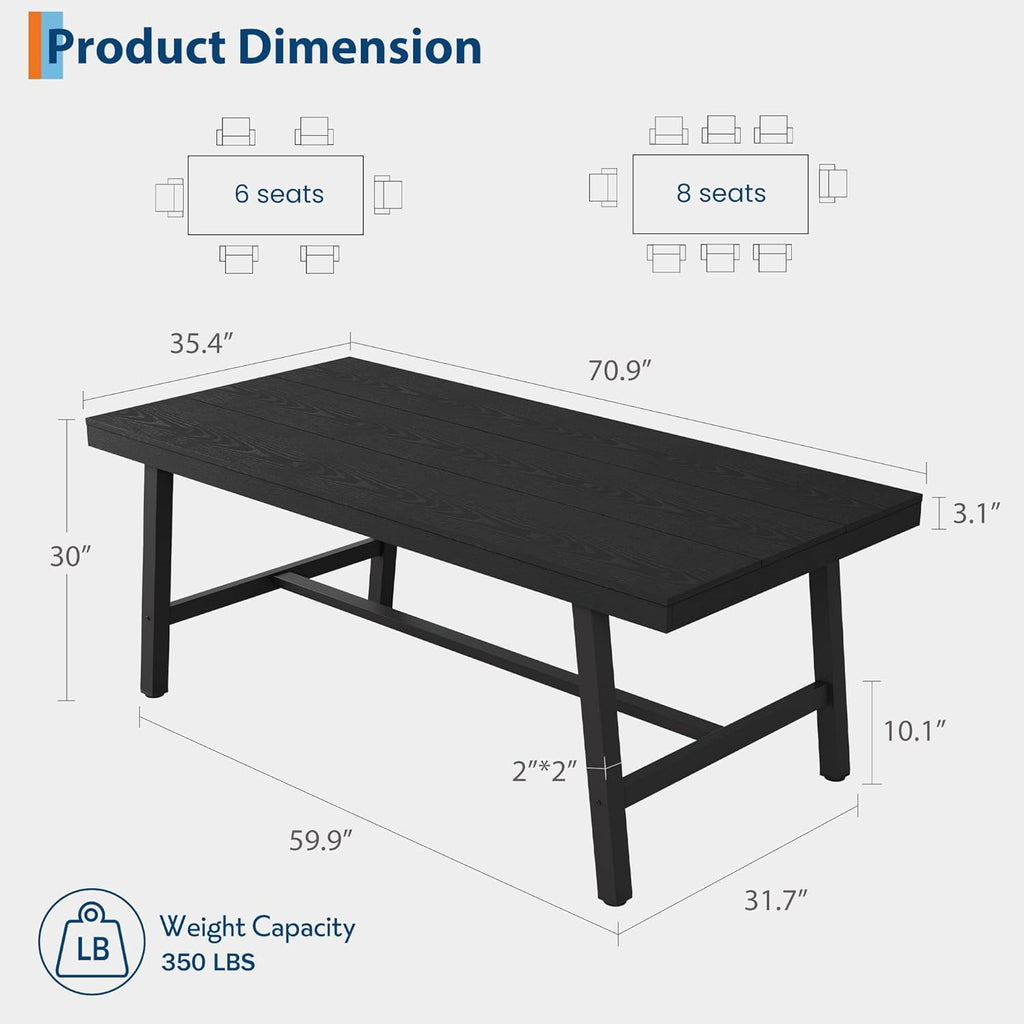 Industrial Dining Table for 6-8 People, 70.87 Long Wooden Kitchen Table with Sturdy Metal Frame & Natural Finish, Seats 6 Rectangular Counter for Dinner, Kitchen, Dining Room - Natural