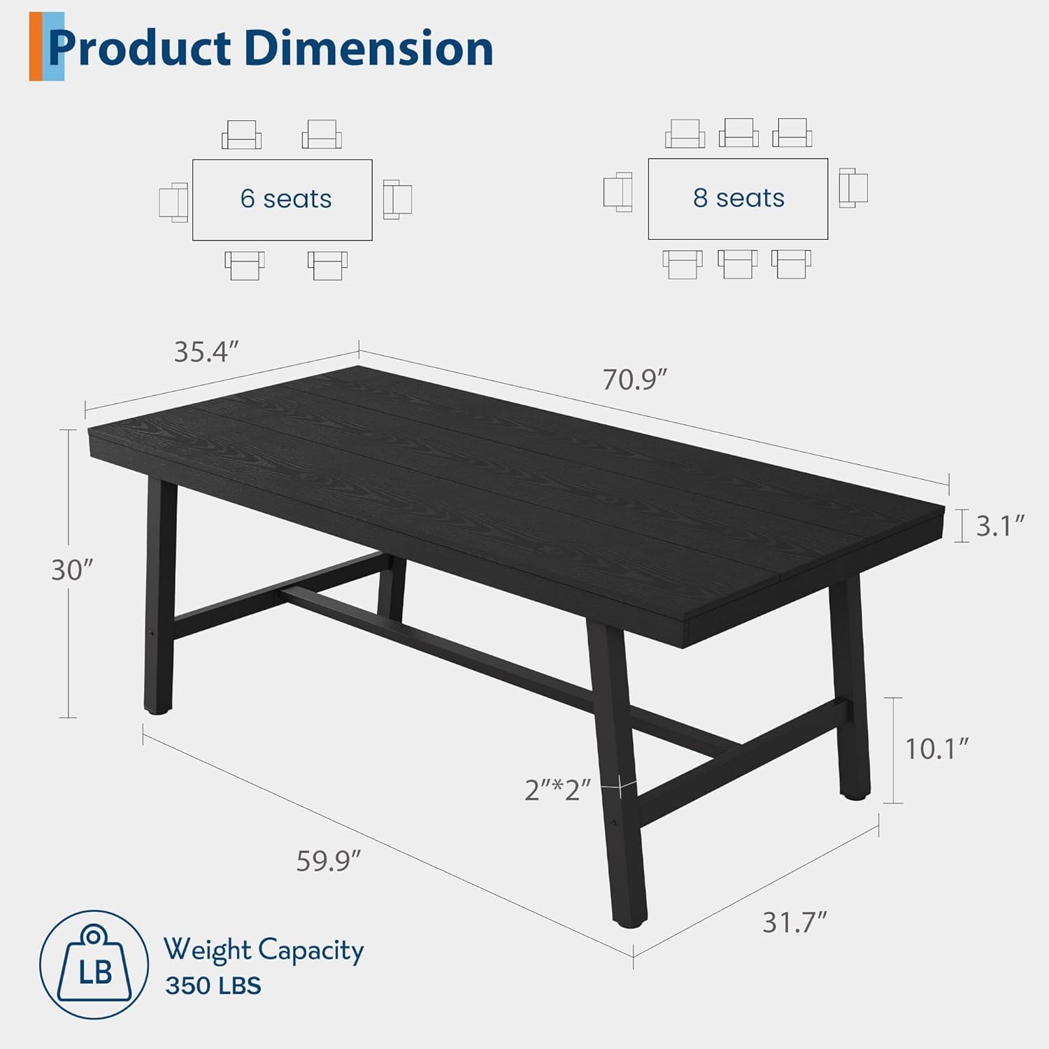 Industrial Dining Table for 6-8 People, 70.87 Long Wooden Kitchen Table with Sturdy Metal Frame & Natural Finish, Seats 6 Rectangular Counter for Dinner, Kitchen, Dining Room - Natural