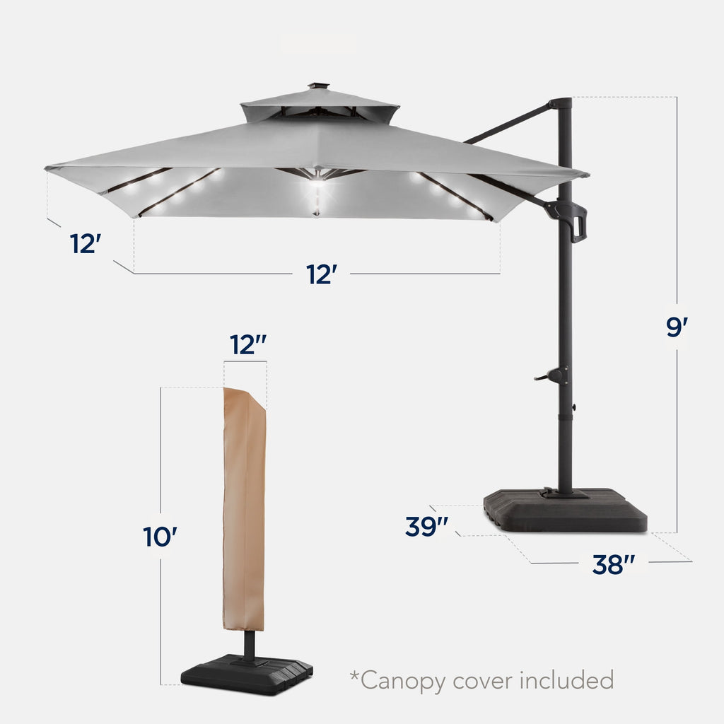 Best Choice Products 12x12ft 2-Tier Square Outdoor Solar LED Cantilever Umbrella w/ 360-Rotating Base   Gray