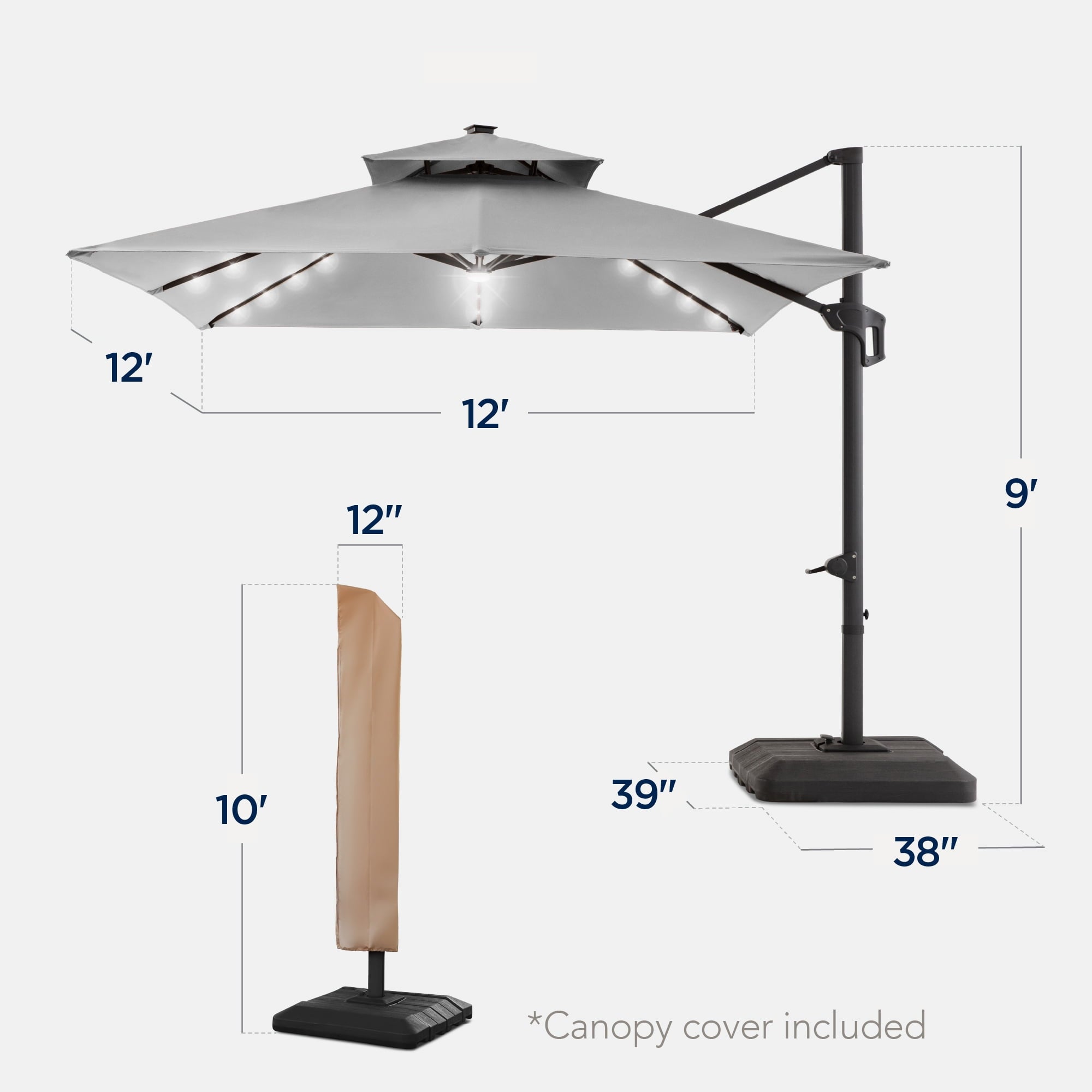Best Choice Products 12x12ft 2-Tier Square Outdoor Solar LED Cantilever Umbrella w/ 360-Rotating Base   Gray