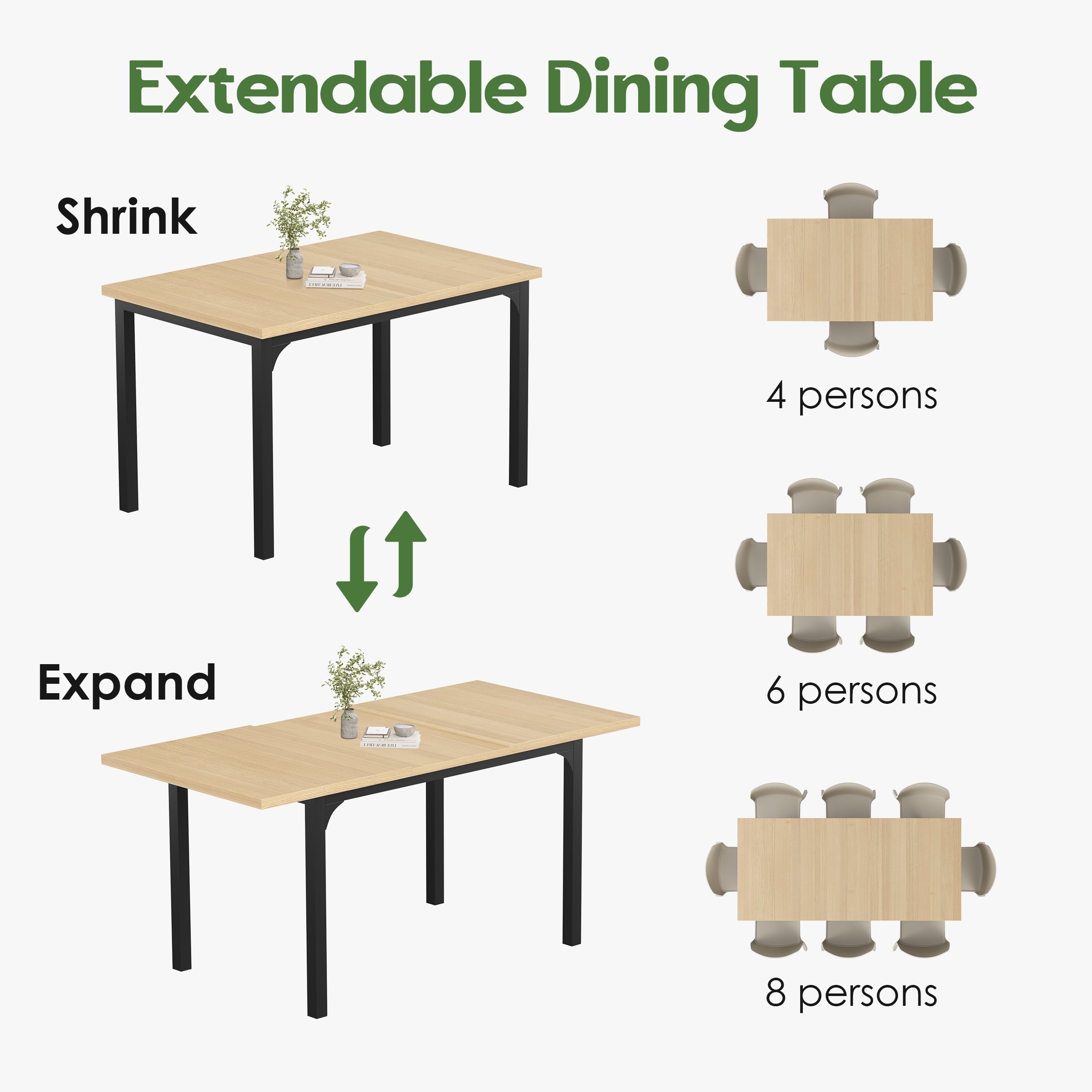 Someet Large Extendable Dining Table for 4-8, Modern Wood Space-Saving Extra Long Folding Kitchen Table for Dining Room, Natural