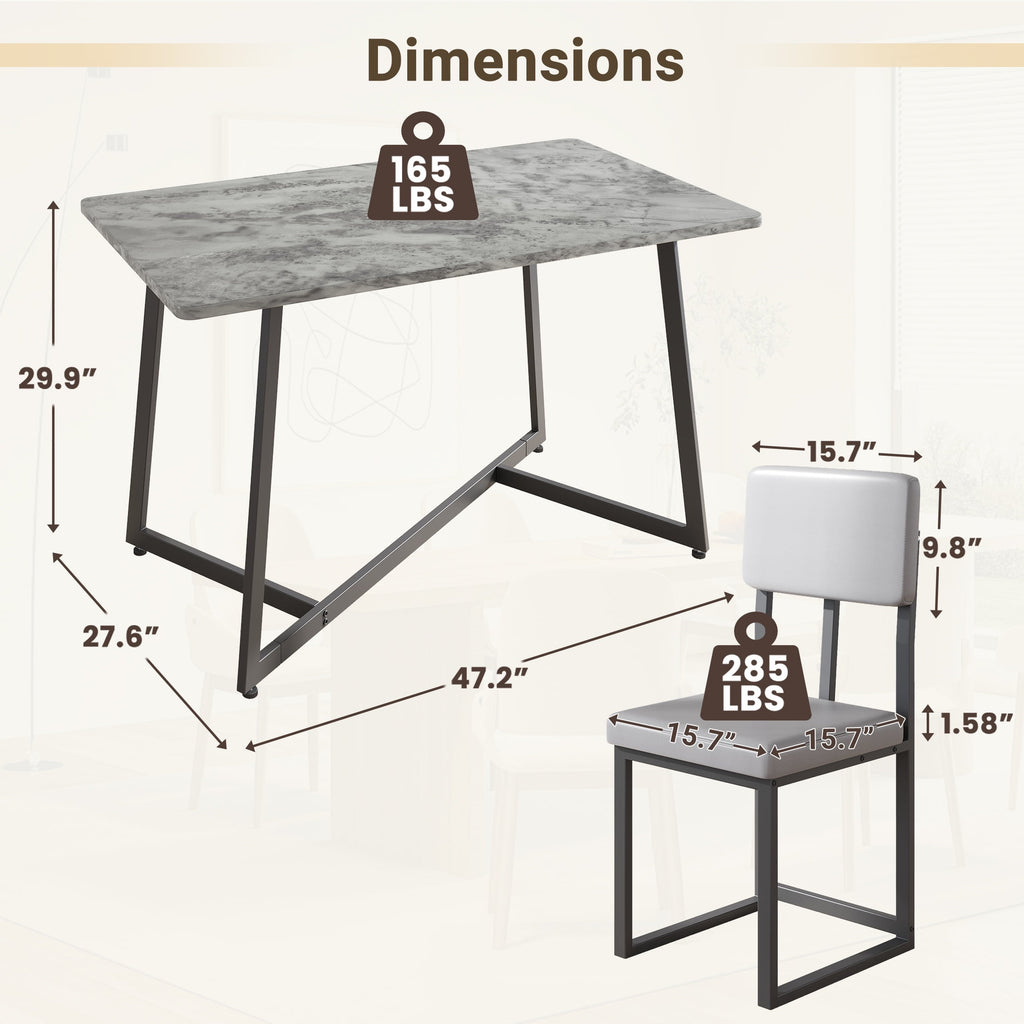 PORKISS 5 Piece Dining Table Set, Modern Faux Marble Tabletop and 4 Linen Upholstered Chairs, Rectangle Kitchen Table and Chairs for 4, White + Gray(Linen)