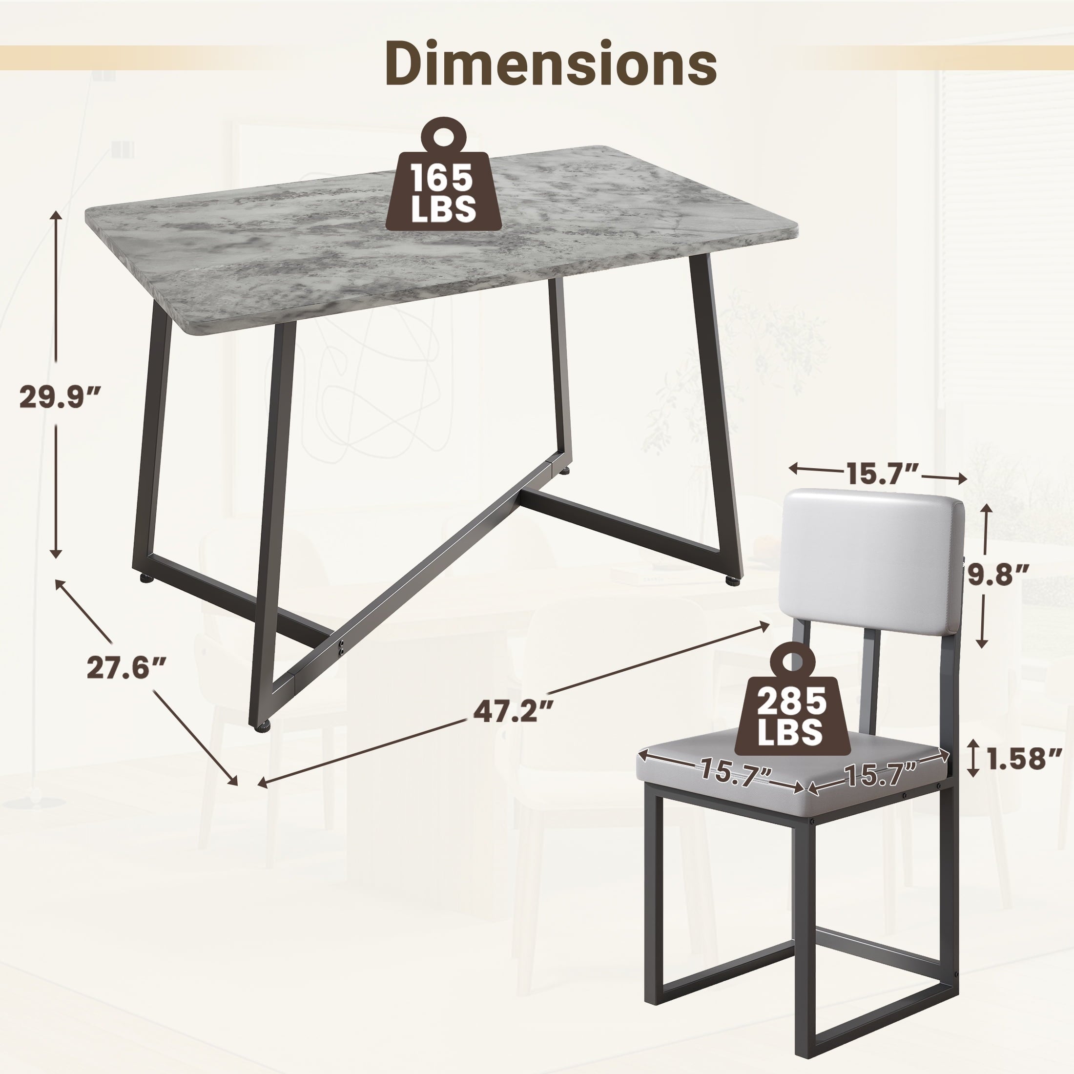 PORKISS 5 Piece Dining Table Set, Modern Faux Marble Tabletop and 4 Linen Upholstered Chairs, Rectangle Kitchen Table and Chairs for 4, White + Gray(Linen)