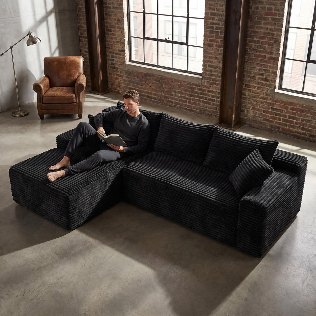 LLappuil 108 Sectional Sofa, Modular Sectional Couch with Left Chaise, Deep Seat Corduroy Cloud Sofa for Living Room Black