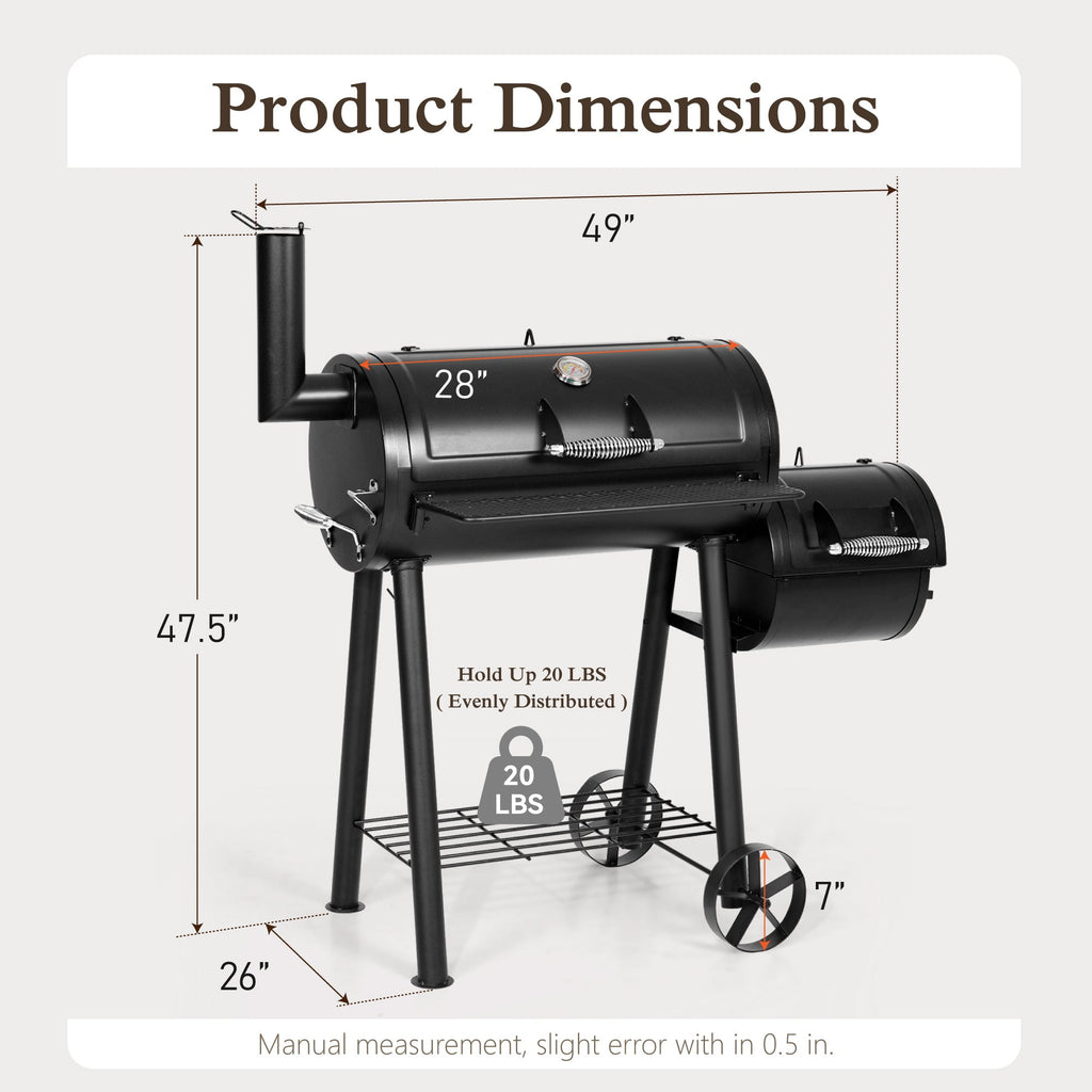 Alpha Joy Steel BBQ Charcoal Grill with Offset Smoker in Black