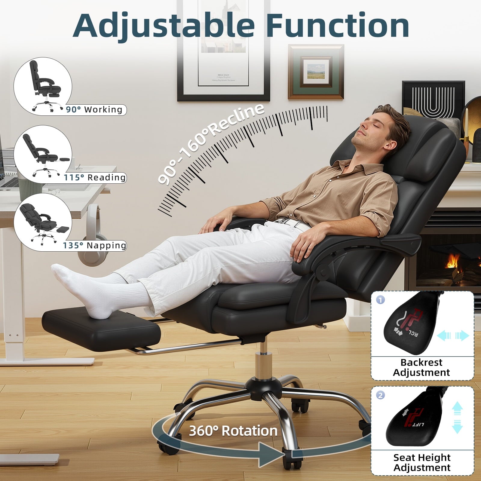 HOMREST Ergonomic Office Chair with 6-Point Massage & Heating, Adjustable Executive Desk Chair with Retractable Footrest, PU Leather Home Office Desk Chair for Home & Office (Black)