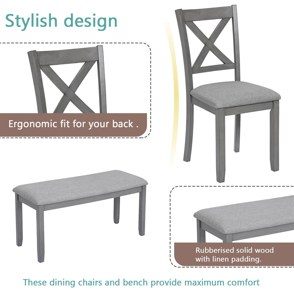 Dining Room Set, LEGAHOME 6 Piece Dining Sets with Bench and Chairs, Solid Wood Kitchen Dining Table Set for 6 with Upholstered Chairs, Gray