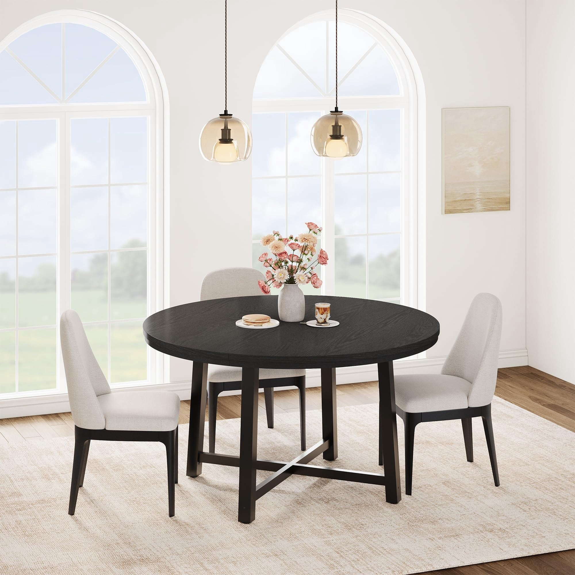 31.5 Round Dining Table for 4 People, Modern Wood Circle Kitchen Table with Sturdy Industrial Metal Frame, Small Space Saving Dining Room Table for Apartment & Breakfast Nook, (No Chairs), Walnut