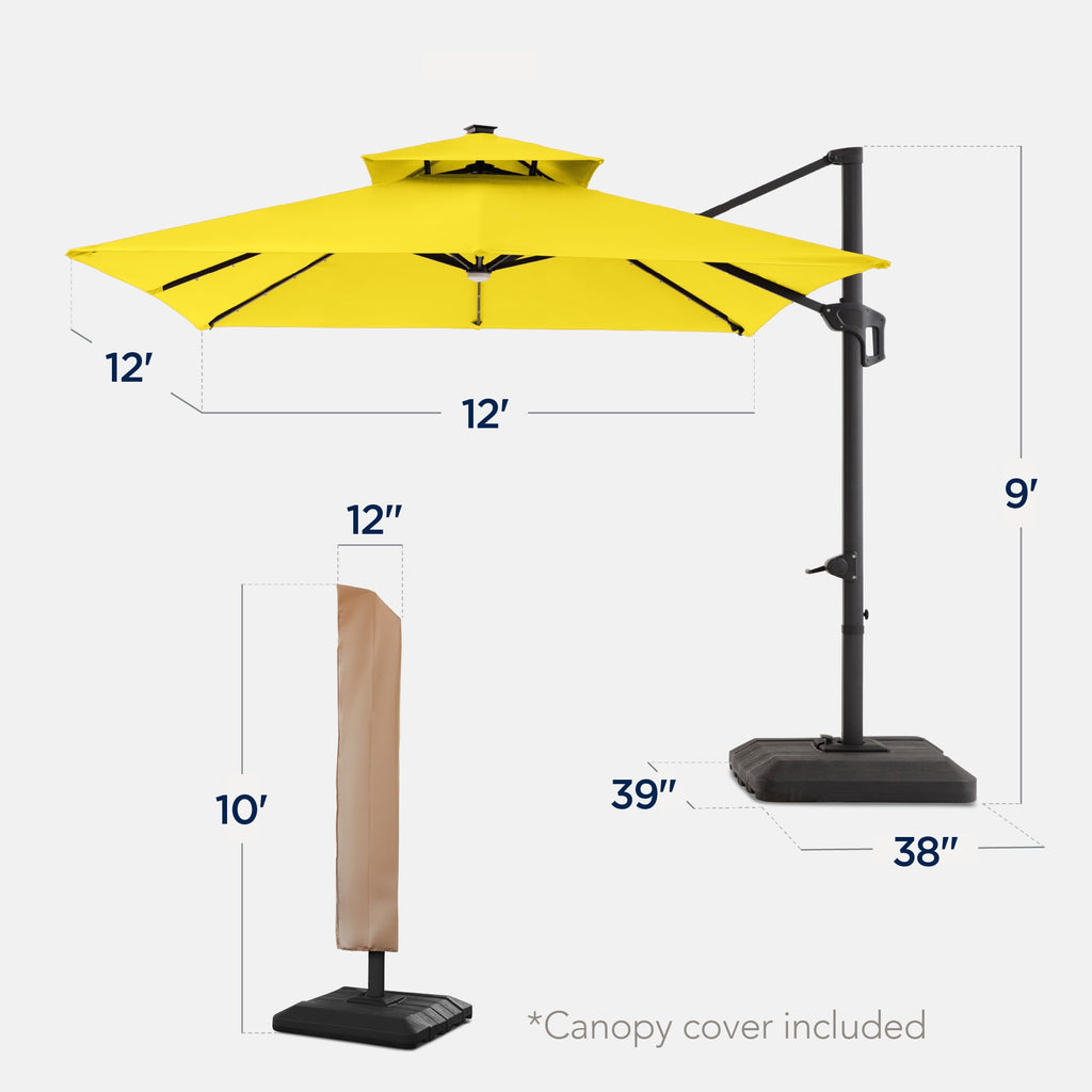 Best Choice Products 12x12ft 2-Tier Square Outdoor Solar LED Cantilever Umbrella w/ 360-Rotating Base   Gray
