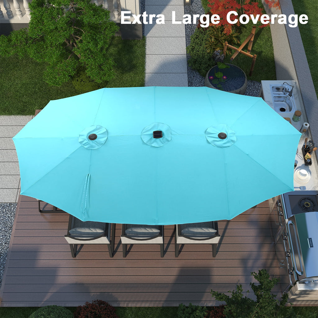 Ainfox 15ft Large Patio Umbrella with Solar Lights, Double-Sided Outdoor Rectangle Table Umbrellas with Sand Bag Base，Beige