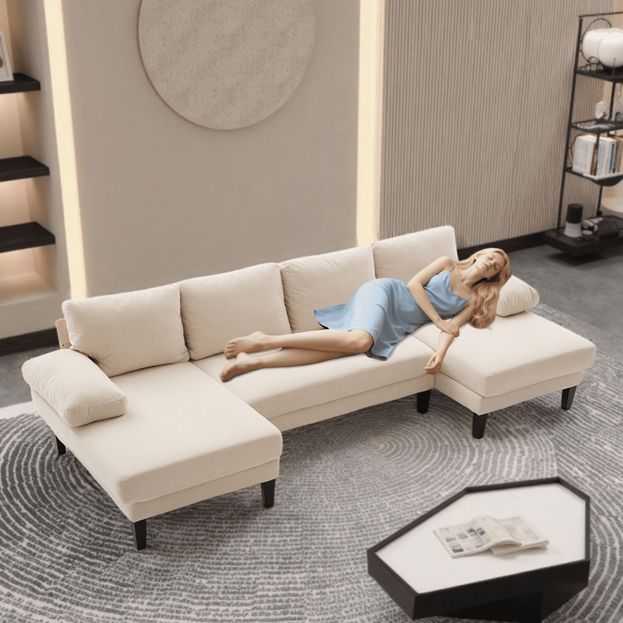 BINBANK L-Shaped Chenille Pull Out Sleeper and Storage Chaise Sectional Futon Sofa Bed with USB, Gray/Beige
