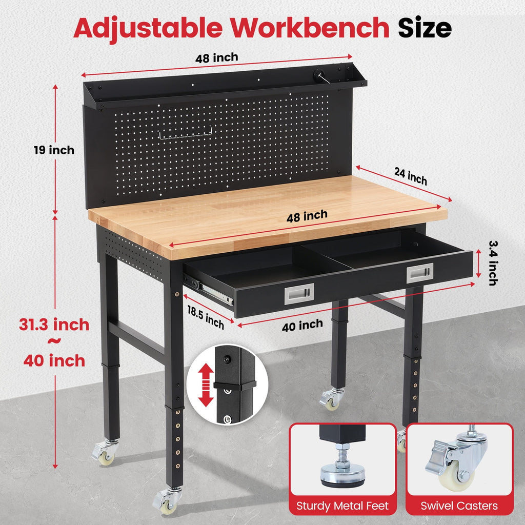 Workbench for Garage,ENJOYWOOD Heavy Duty 48 inch Wood Work Bench with Drawers,Led Lights, Pegboard and Wheels,Rubber Wood Tabletop,2000 LBS Load Bearing Workstation Garage Desk Table Worktable