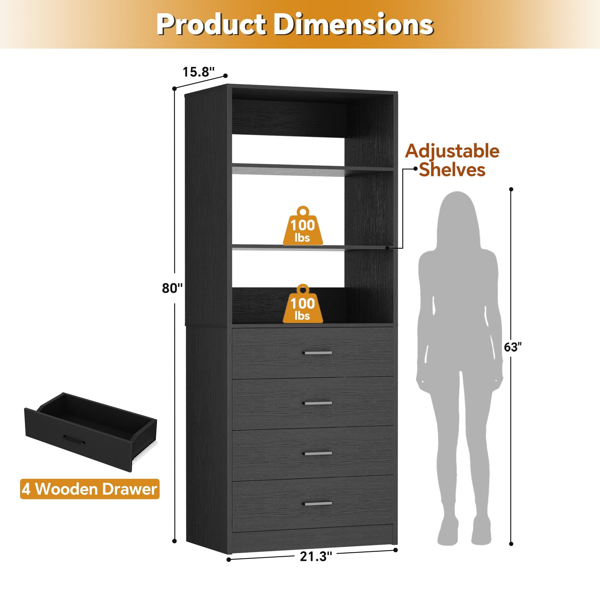 Homieasy 21.3 Inch Freestanding Closet System with 4 Wood Drawers and 3 Shelves for Walk-in Closet, Bedroom, White