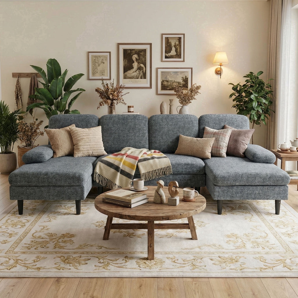 edx 99 U-Shaped 6 Seat Sofa Couch for Living Room, Linen Fabric Sofa Bed with Removable Pillows for Home and Apartment (Fabric, Dark Grey)