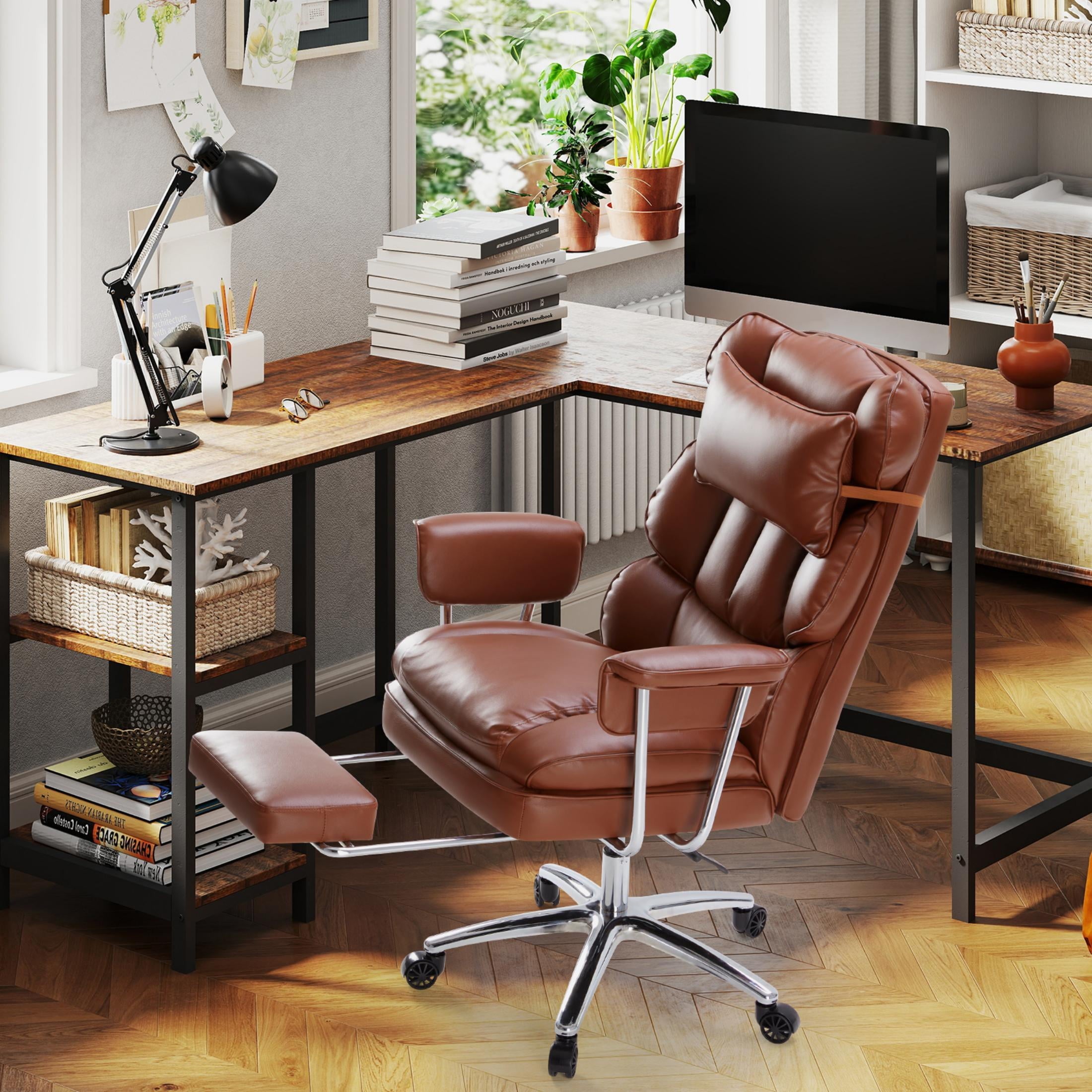 edx Executive Home Office Desk Chair, Ergonomic Big Tall High Back with Footrest & Lumbar Support, Reclining Comfy PU Leather Computer Gaming Chair with Swivel Wheels, Height Adjustable, Black