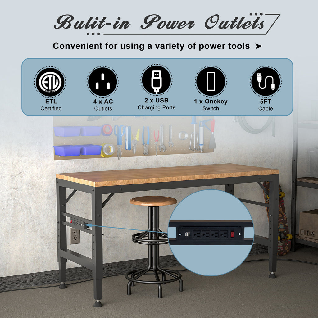 LZBEITEM 60 Adjustable Workbench for Garage, Rubber Wood Heavy Duty Workstation with Power Outlets, 2000 lbs Load Capacity Hardwood Worktable for Workshop, Garage, Office, Home, Commercial 23.62
