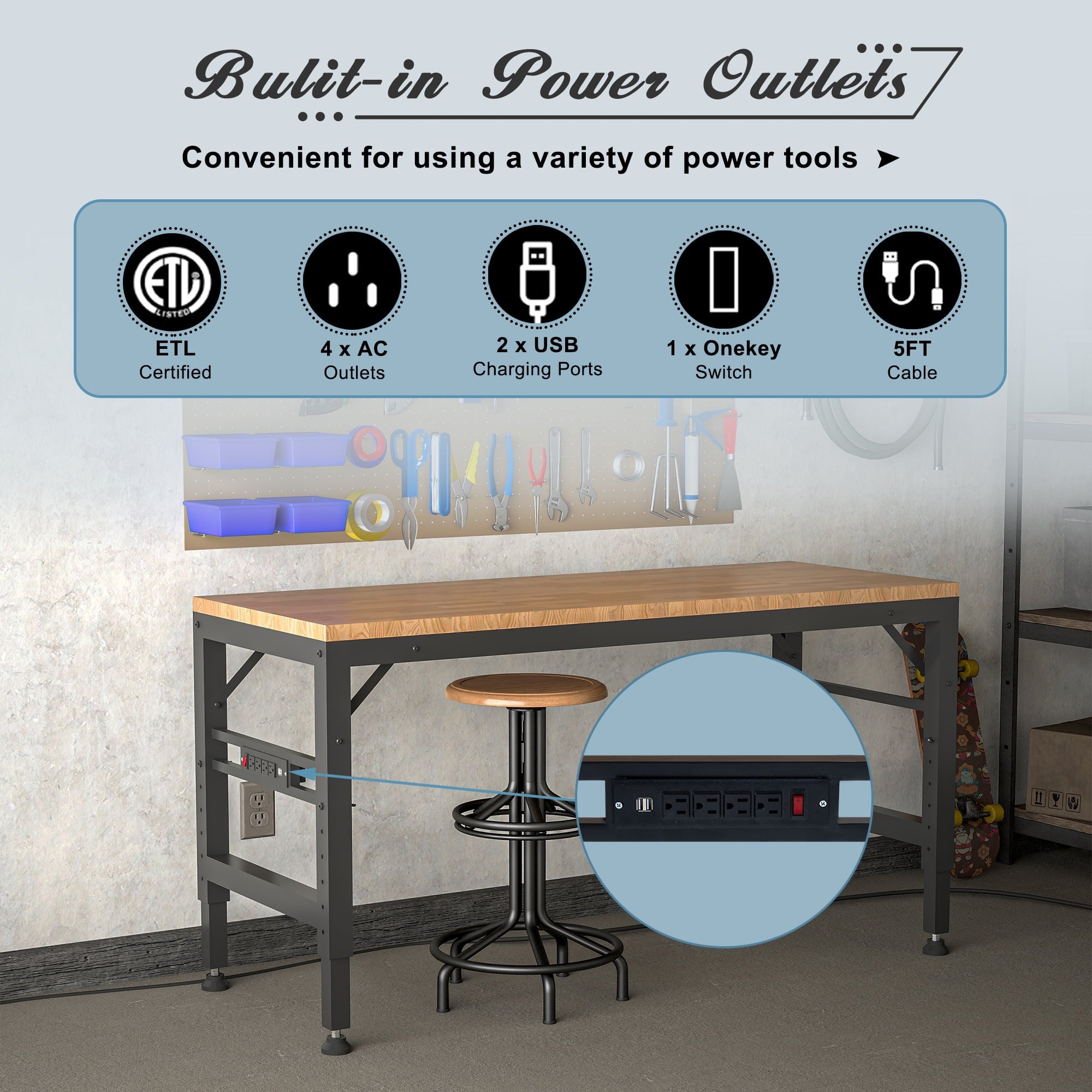LZBEITEM 60 Adjustable Workbench for Garage, Rubber Wood Heavy Duty Workstation with Power Outlets, 2000 lbs Load Capacity Hardwood Worktable for Workshop, Garage, Office, Home, Commercial 23.62
