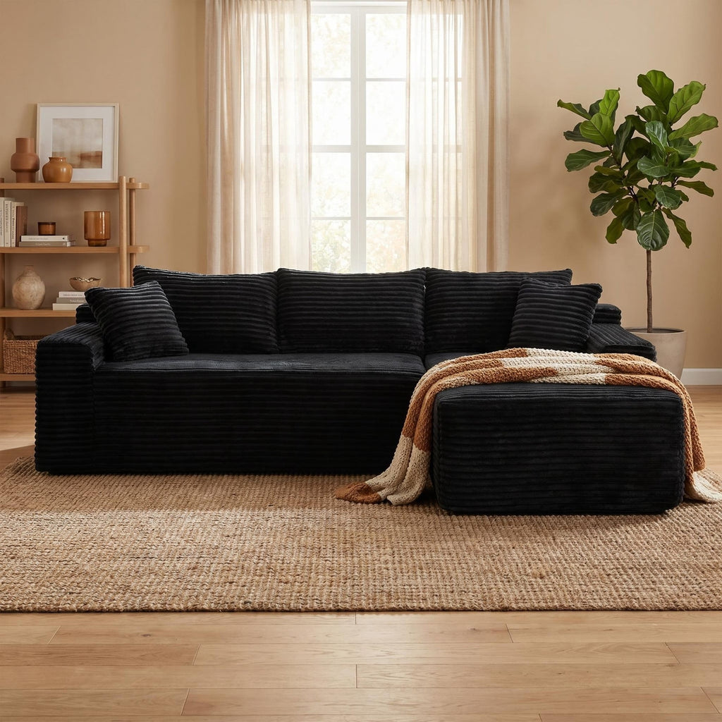LLappuil 108 Sectional Sofa, Modular Sectional Couch with Left Chaise, Deep Seat Corduroy Cloud Sofa for Living Room Black