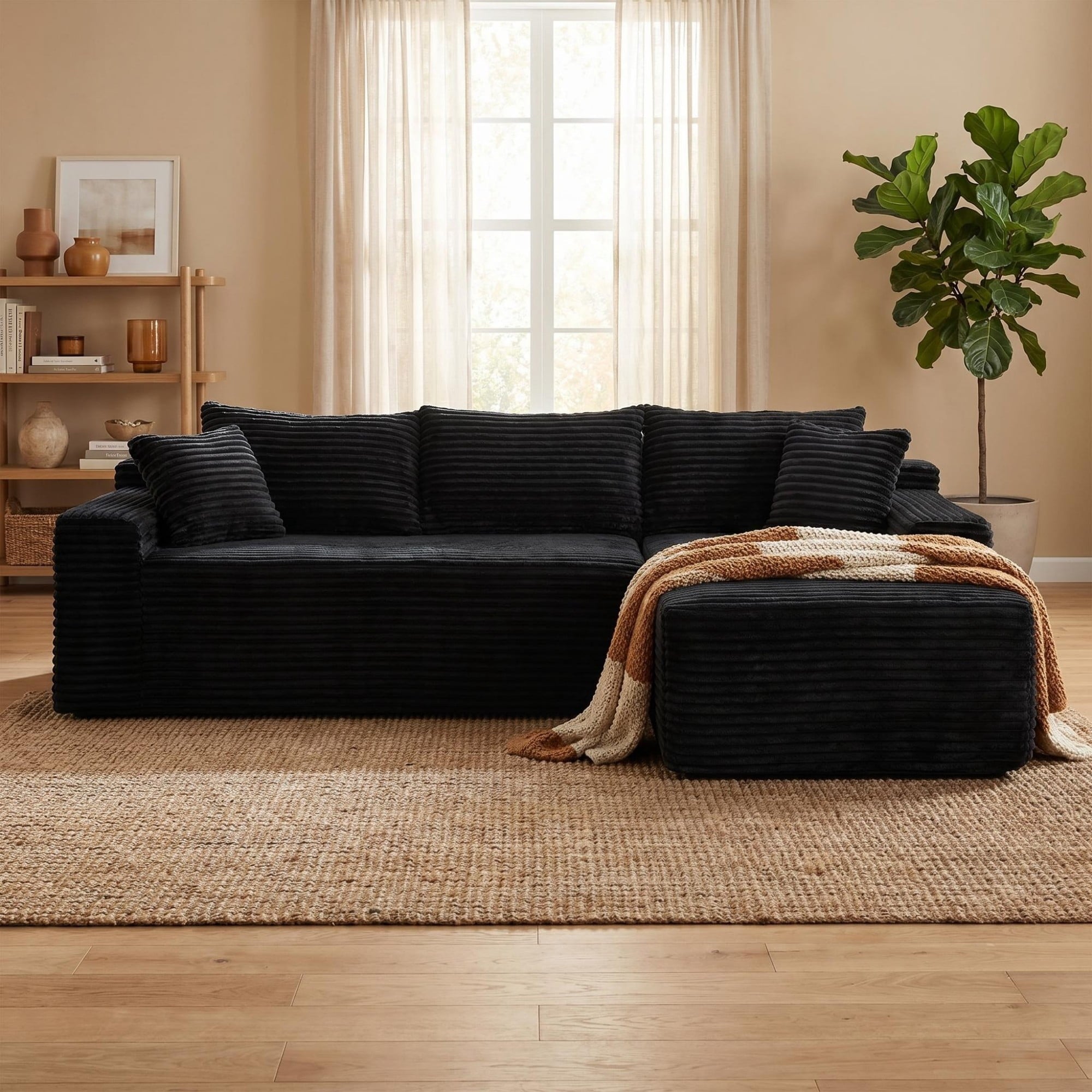 LLappuil 108 Sectional Sofa, Modular Sectional Couch with Left Chaise, Deep Seat Corduroy Cloud Sofa for Living Room Black