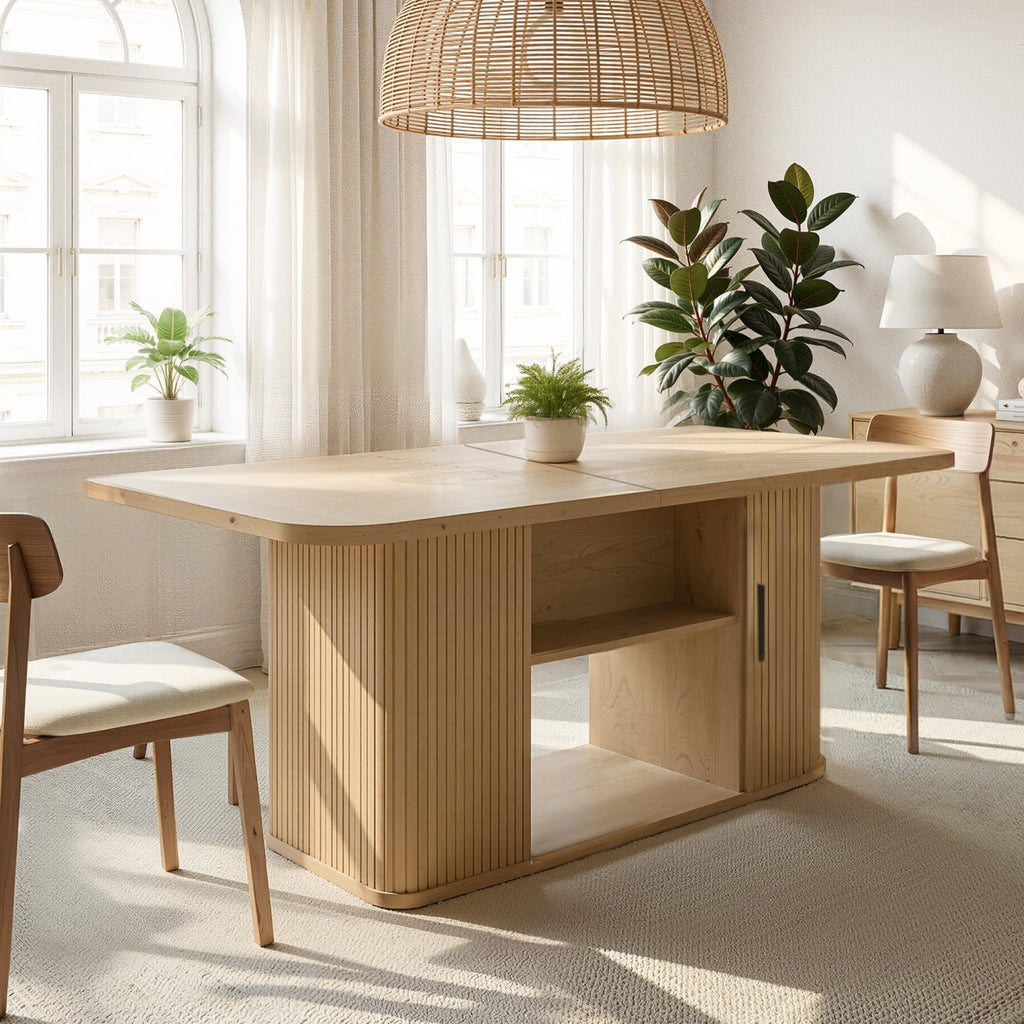 SUNCOZE 70in Dining Table for 4-8, Dining Leisure Table with Storage Shelves, 1.38 Thick Top, Scratch-Resistant, Natural Wood Finish, Multi-Use for Dining Room Kitchen Office, Wood Finish