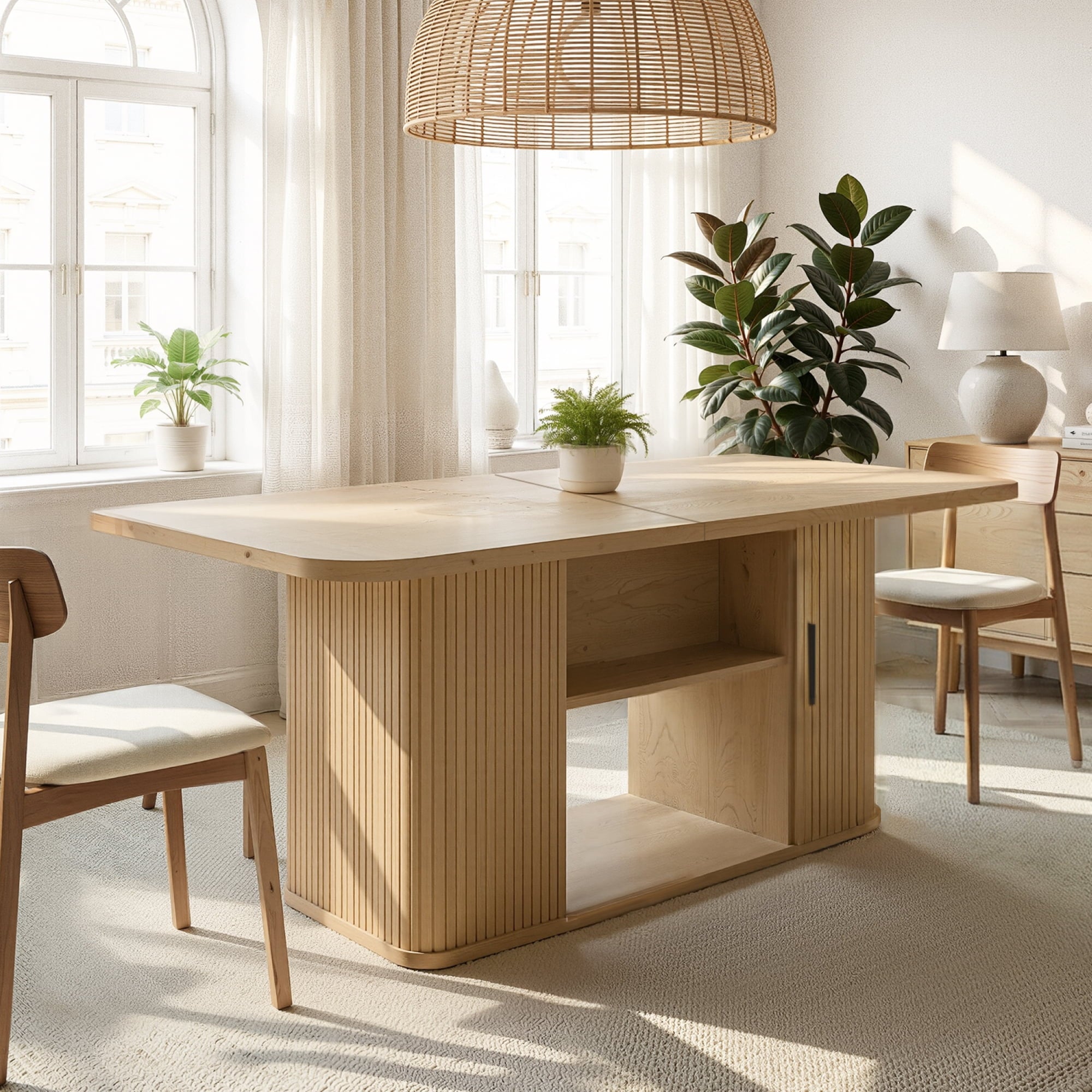 SUNCOZE 70in Dining Table for 4-8, Dining Leisure Table with Storage Shelves, 1.38 Thick Top, Scratch-Resistant, Natural Wood Finish, Multi-Use for Dining Room Kitchen Office, Wood Finish