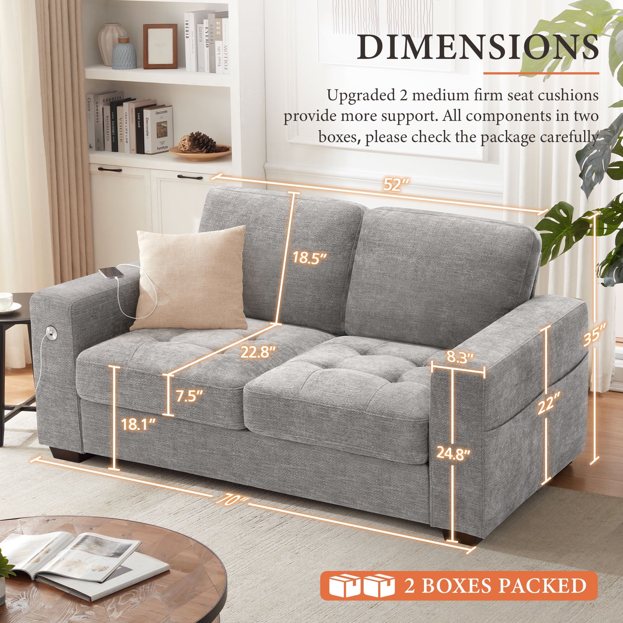 Bedluxury 89 Deep Sofa Couch with USB/Type-C Charging, Storage Pocket & Wide Armrest, Removable Cover, Seats 3 Adults, Chenille Beige