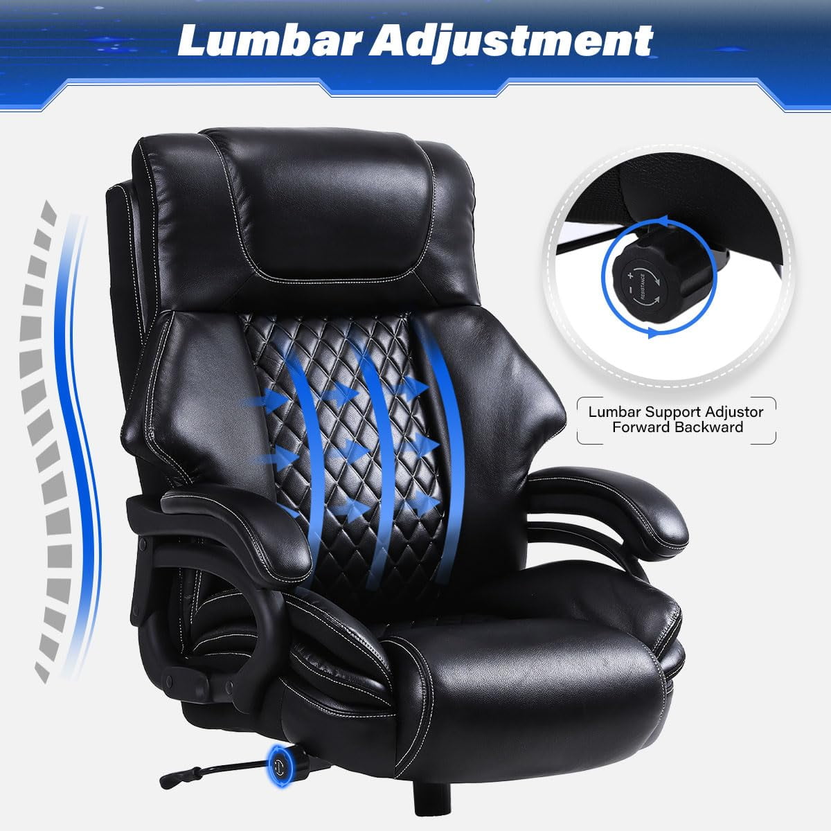 JONPONY Leather Office Chair, Big and Tall Office Chair 400LBS Wide Seat Ergonomic Computer Desk Chair High Back Executive Leather Chair Adjustable Task Chair Lumbar Back with 1-Year Warranty, Black