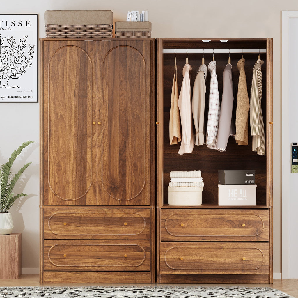 Wirrytor Freestanding Wooden Armoire Wardrobe with 2 Woven Doors and Storage Drawers, Space-Saving Closet Cabinet for Bedroom, Sturdy Mdf Board Closet with Hanging Rail