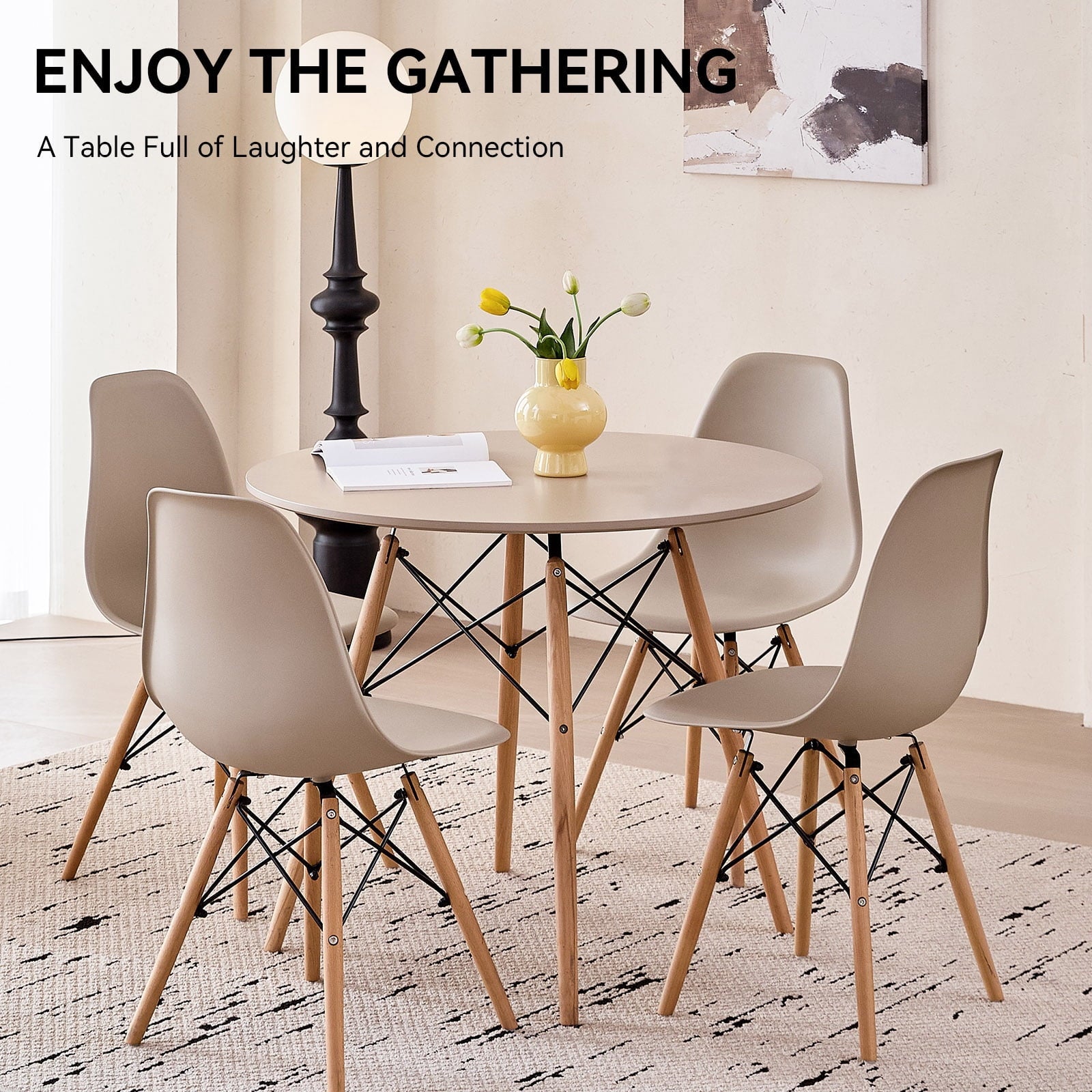 5-Piece 35.5'' Round Dining Table Set for 4, Kitchen Table Chair Set of 4, Mid-Century Modern Dinette Dining Room Table Set Dinner Table for 4 W/Solid Wood Legs, White