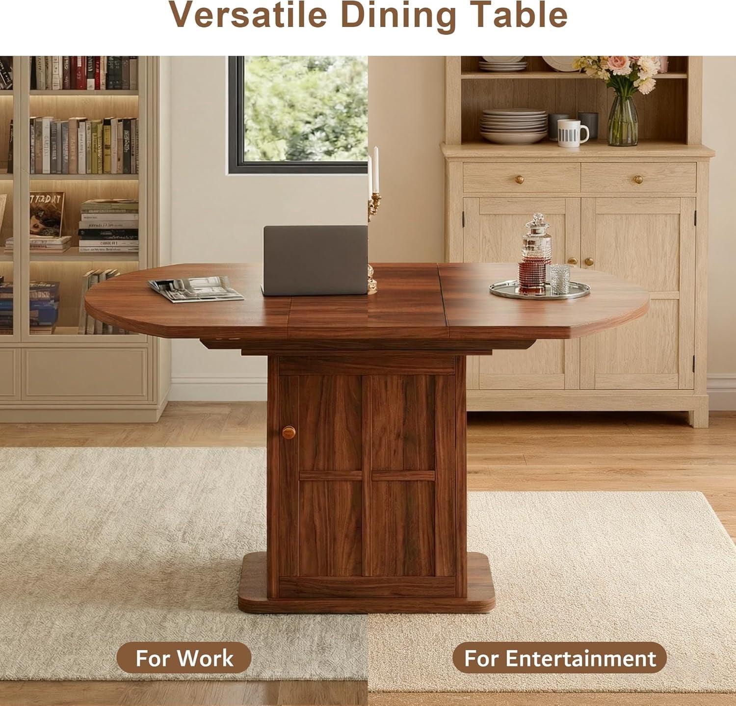 iPormis Extendable Round Dining Table for 4-6, 59'' Modern Kitchen Table with 2-Tier Storage Shelf, Wood Door, MDF Board, Space Saving Oval Dinner with Sturdy Pedestal Base, Kitchen, Dining, Natural