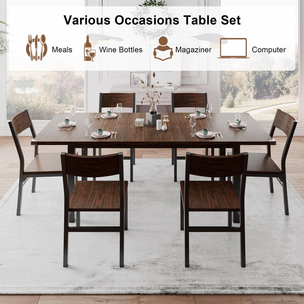 iPormis 63 Extendable Kitchen Table Set for 4-6 People, 7-Piece Large Dining Table Set with 6 Chairs,Mid-Century Dining Room Table,Espresso