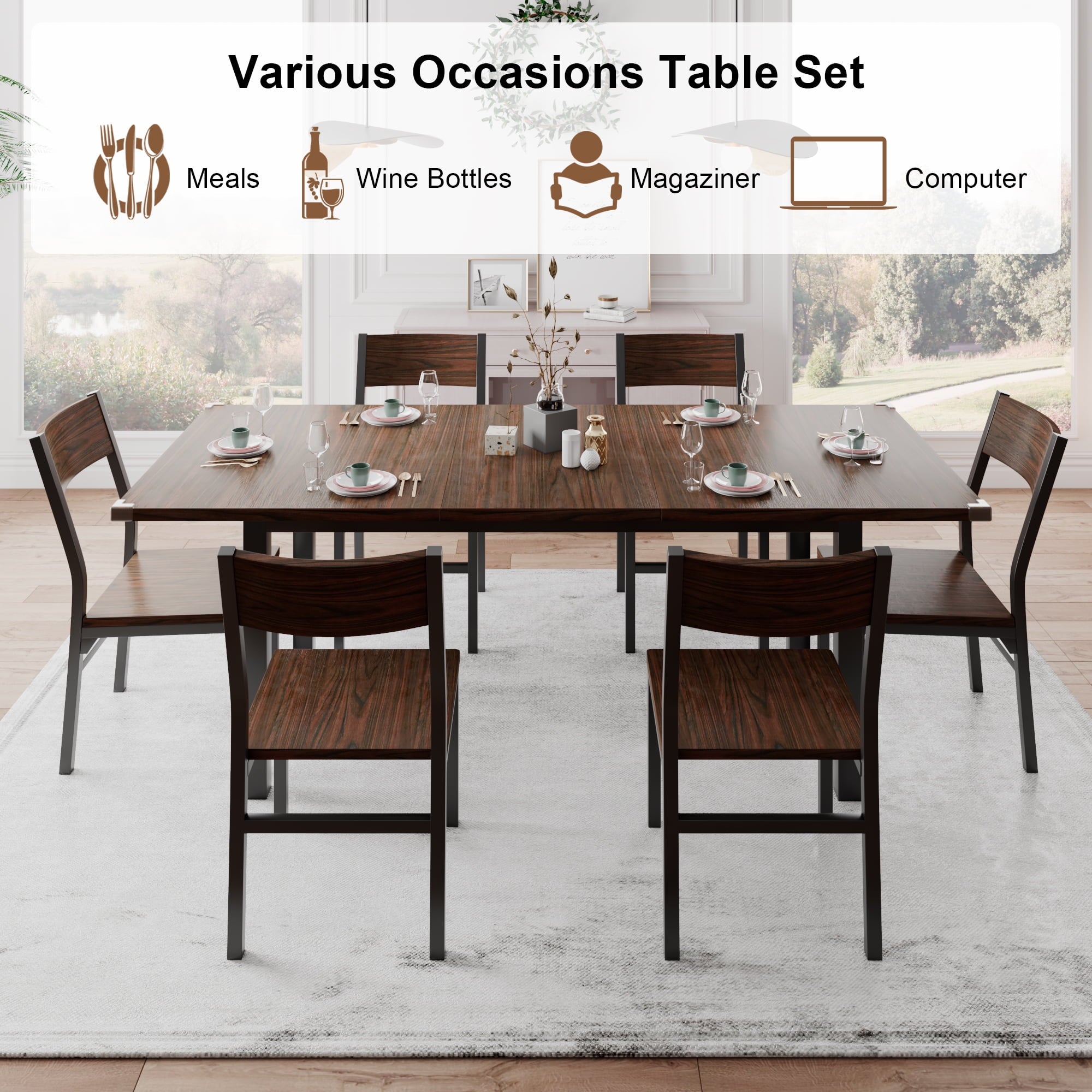 iPormis 63 Extendable Kitchen Table Set for 4-6 People, 7-Piece Large Dining Table Set with 6 Chairs,Mid-Century Dining Room Table,Espresso