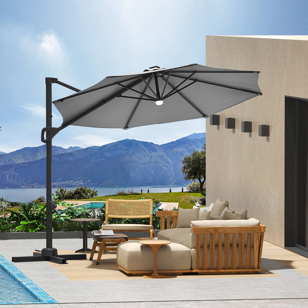 360° Rotating Cantilever Patio Umbrella – Heavy-Duty Waterproof Oxford Canopy, Adjustable Tilt, Rust-Proof Aluminum Frame, Easy Crank, Cross Base – Large Sun Shade for Garden, Poolside, Patio – Grey