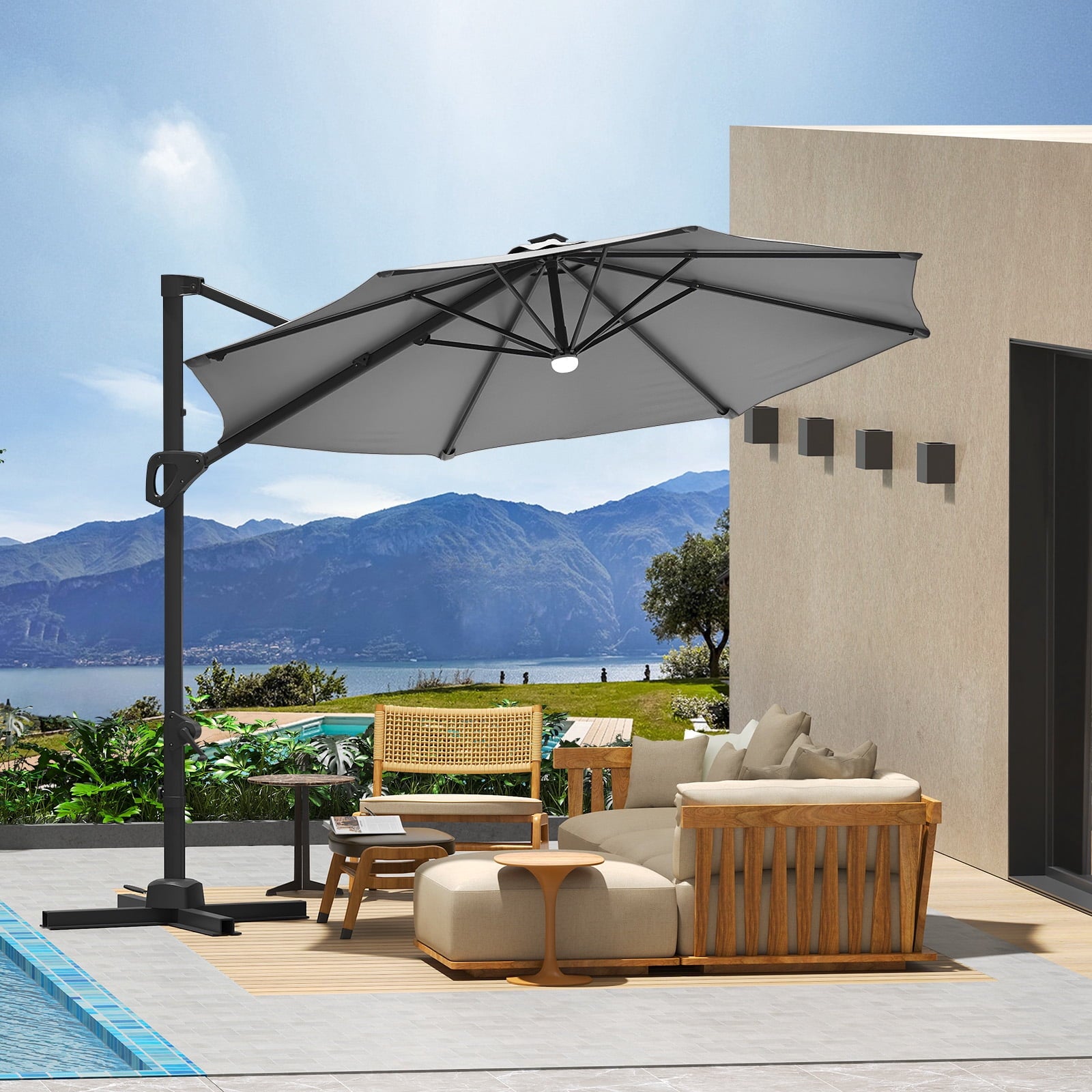 360° Rotating Cantilever Patio Umbrella – Heavy-Duty Waterproof Oxford Canopy, Adjustable Tilt, Rust-Proof Aluminum Frame, Easy Crank, Cross Base – Large Sun Shade for Garden, Poolside, Patio – Grey