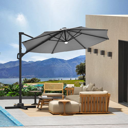 360° Rotating Cantilever Patio Umbrella – Heavy-Duty Waterproof Oxford Canopy, Adjustable Tilt, Rust-Proof Aluminum Frame, Easy Crank, Cross Base – Large Sun Shade for Garden, Poolside, Patio – Grey