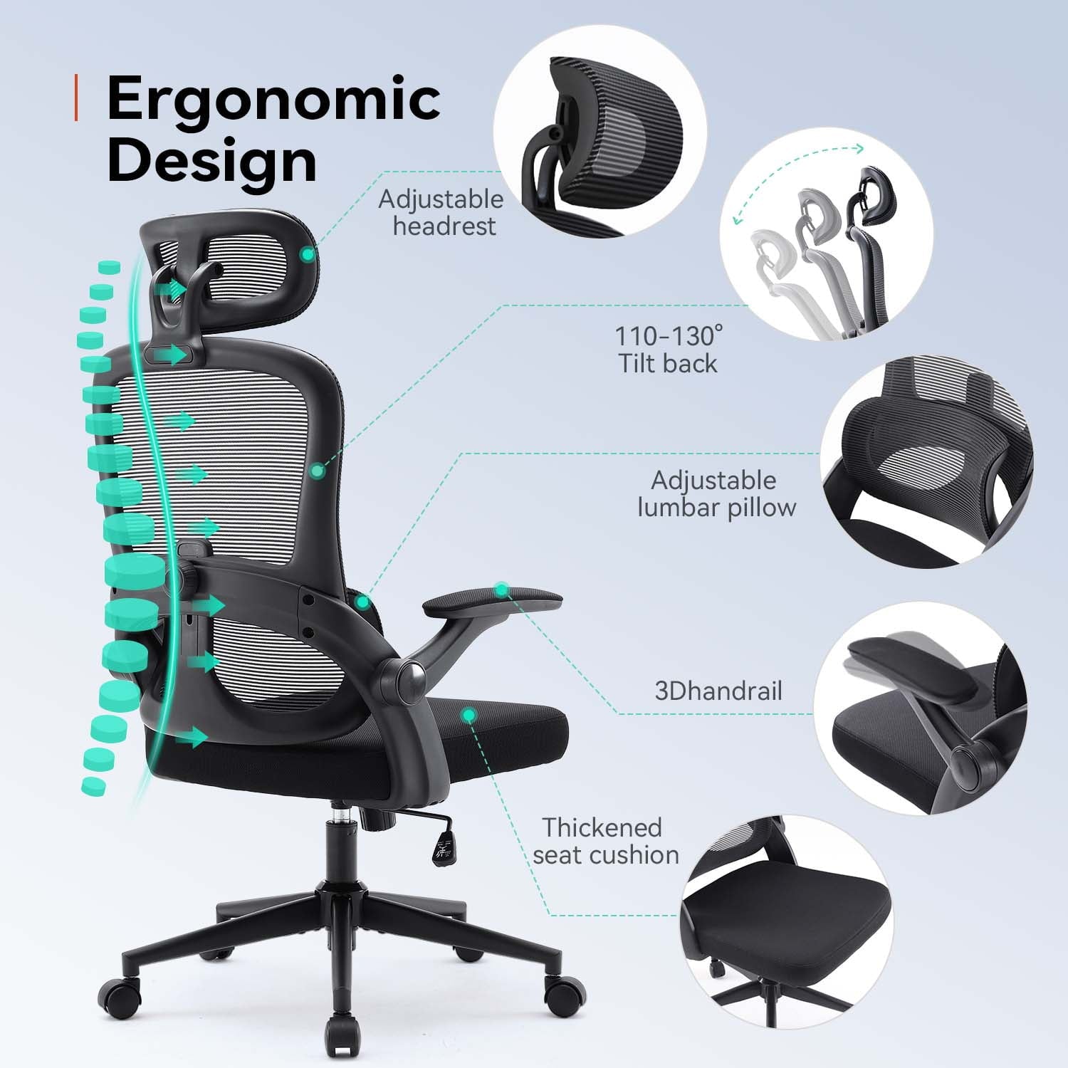 Sihoo Ergonomic Office Chair with Adjustable Lumbar Support, Mesh Backrest, 3D Armrests, 2D Headrest, Tall Seat, Recline