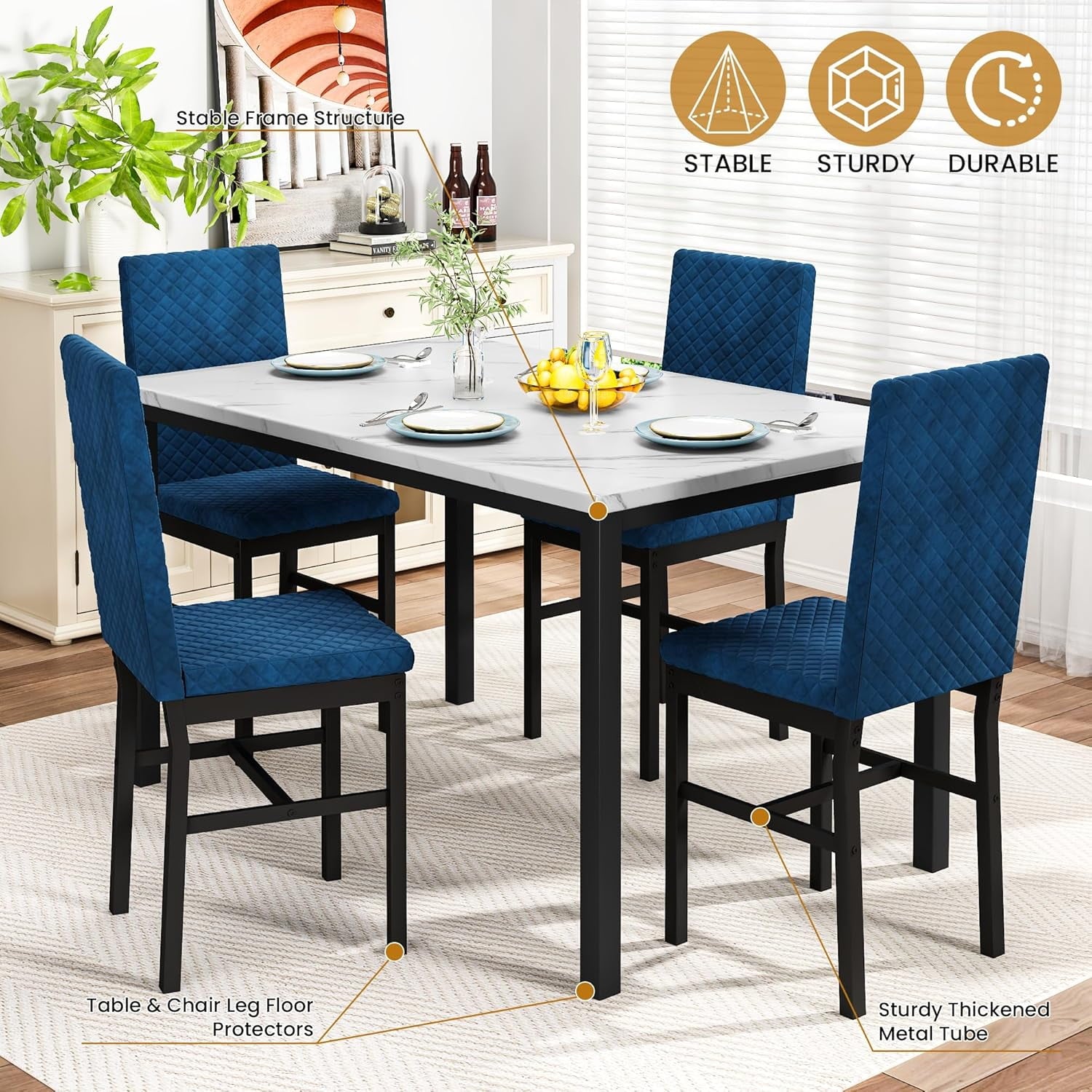 Baxluxe Dining Table Set for 4, Modern 5 Piece Dining Table Set, Faux Marble Kitchen Table and 4 Velvet Upholstered Chairs for Apartments, Dining Rooms, Small Spaces, Gray
