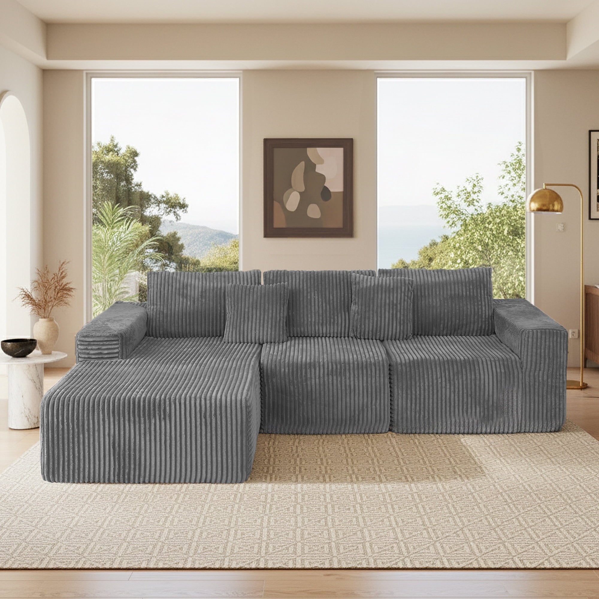 SOULART 138.5 U Shaped Sectional Couch,Gray Cloud Boneless Sofa For Living Room,Plush Corduroy Couches With Deep Seat Chaise Lounge,No Assembly Required