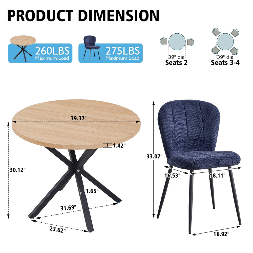 5 Piece 39 Round Dining Table Set for 4, Mid Century Kitchen Table with 4 Khaki Fabric Upholstered Dining Chairs for Apartment Living Room, Space Saving Table.