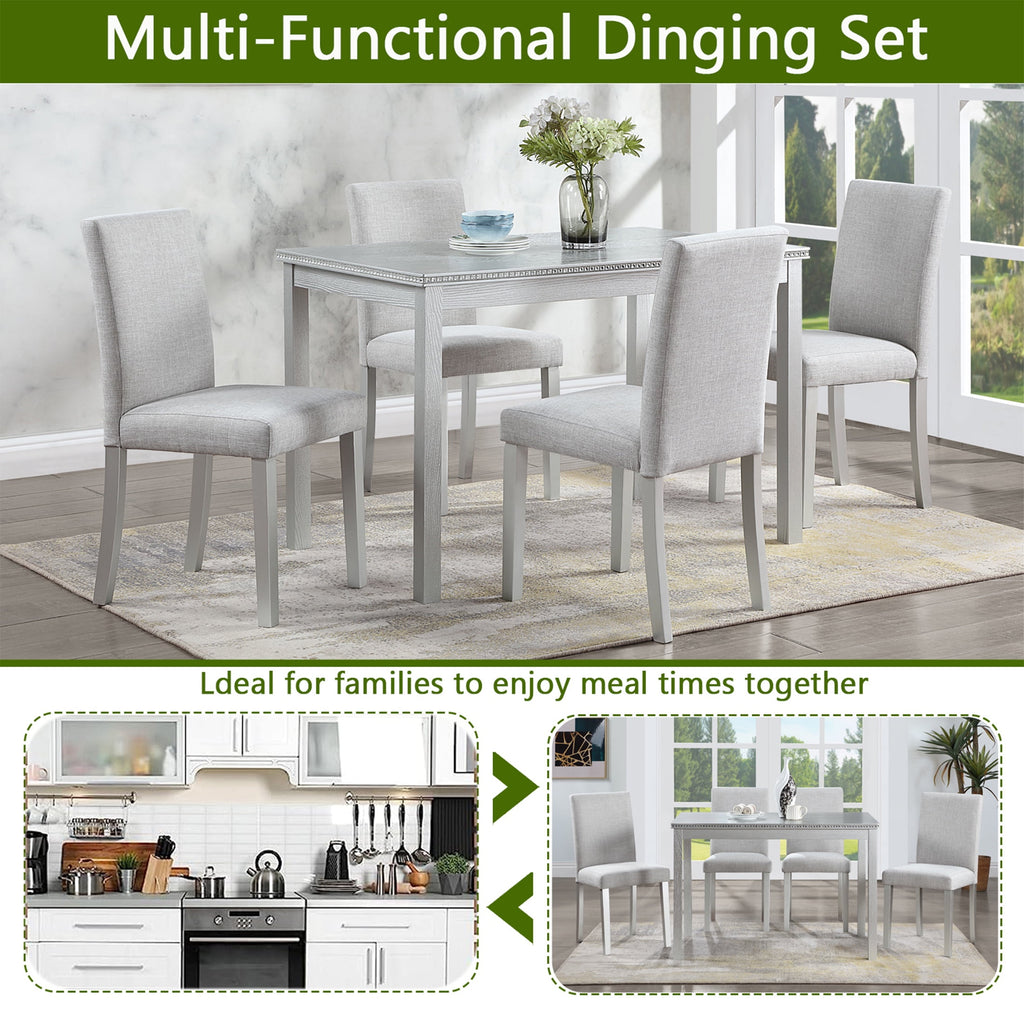 UHOMEPRO 5 Piece Dining Table Set, Modern Dining Table Sets with Rectangular Table and 4 Fabric Upholstered Chairs, Dining Set for Kitchen and Dining Room, White