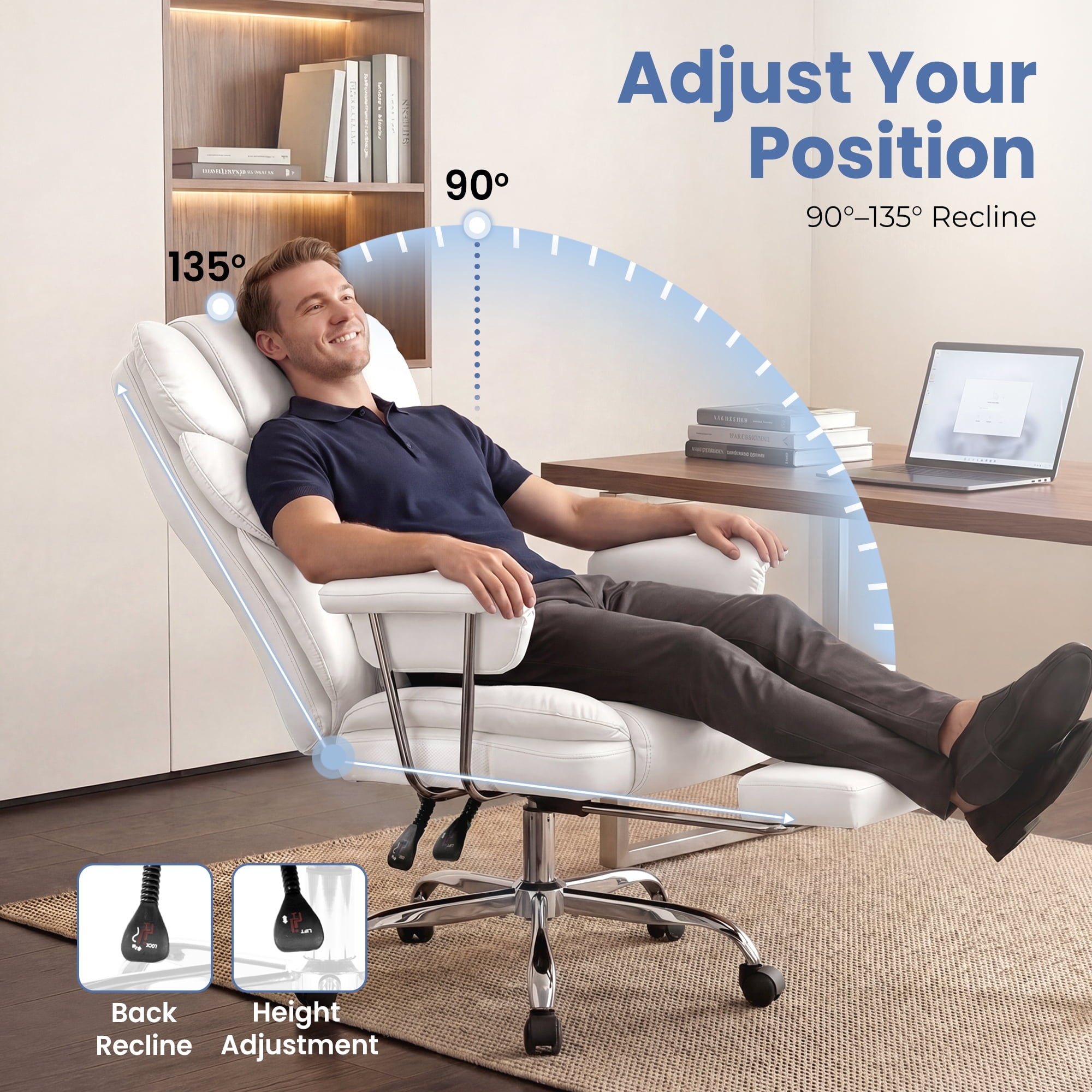 CELTOSS Executive Office Chair 400LBS, High Back Computer Chair with Arms and Footrest, Ergonomic Desk Chair with Lumbar Support, 90–135° Reclining Office Chairs for Home Work, Fabric Blue