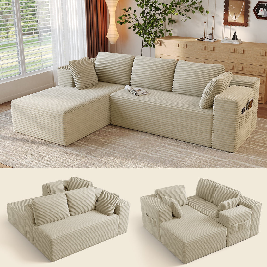 Sofa, Lofka 105 Free Assembly L-Shaped Sectional with Pet Friendly Corduroy Fabric, Black for Living Room/Apartment