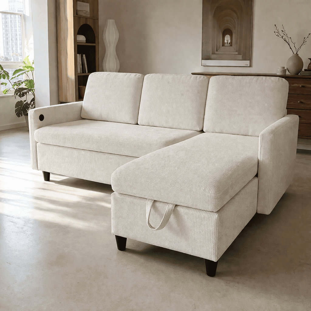 BINBANK L-Shaped Chenille Pull Out Sleeper and Storage Chaise Sectional Futon Sofa Bed with USB, Gray/Beige