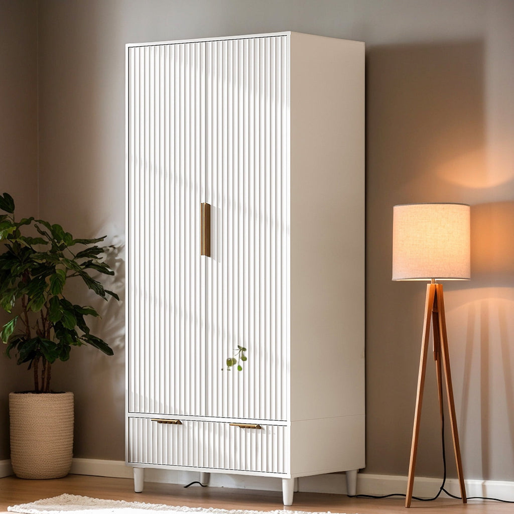 Ktaxon Wardrobe Armoire Closet with Hanging Rod, Modern Drawer & Shelf – Elegant White Finish Closet, Farmhouse to Mid-Century Style