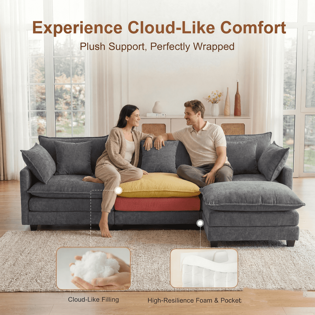 Dioepic Cloud Chenille 3-Seat Living Room Sectional Sofa Modern Cloud Couch 111.4 with Ottoman & 3 Pillows, Grey