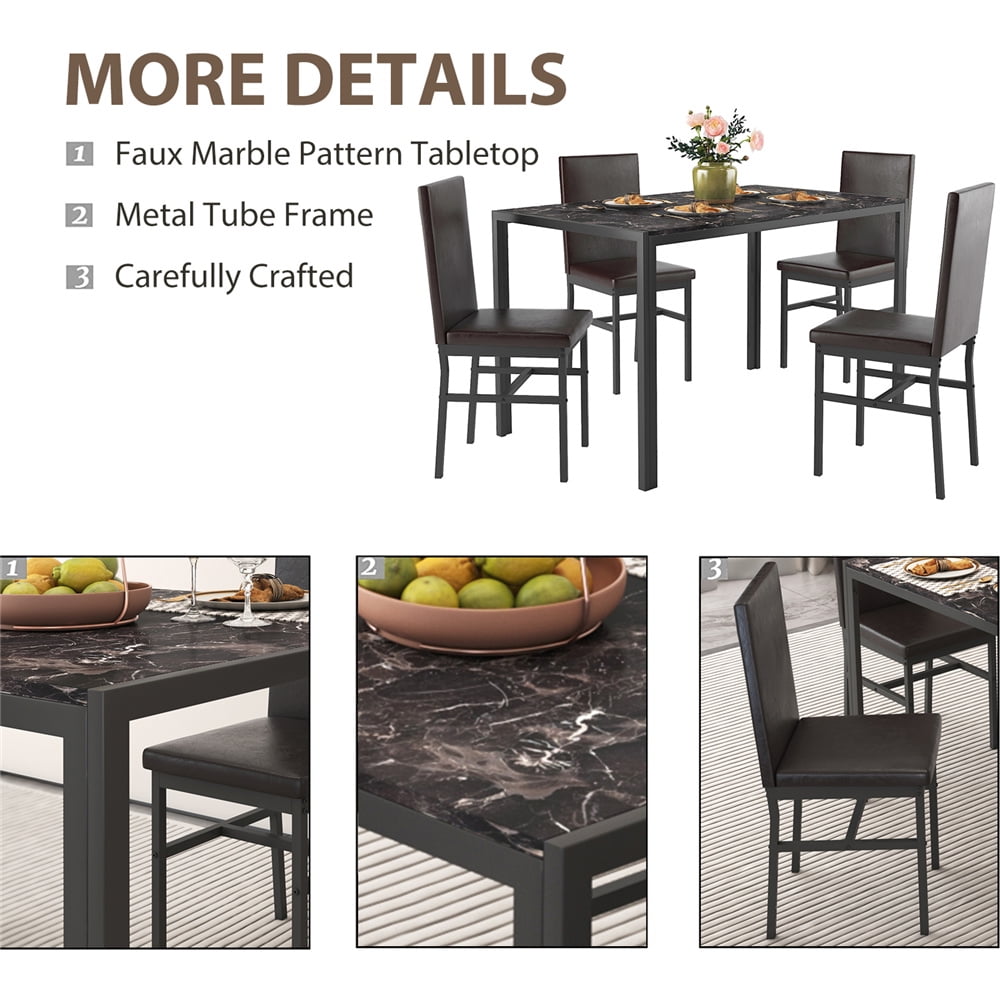UHOMEPRO Dining Table Set for 4, 5 Piece Dining Room Table Set with Gray Velvet Upholstered Chairs, White Faux Marble Pattern Rectangle Kitchen Table Set for Breakfast Nook Small Space