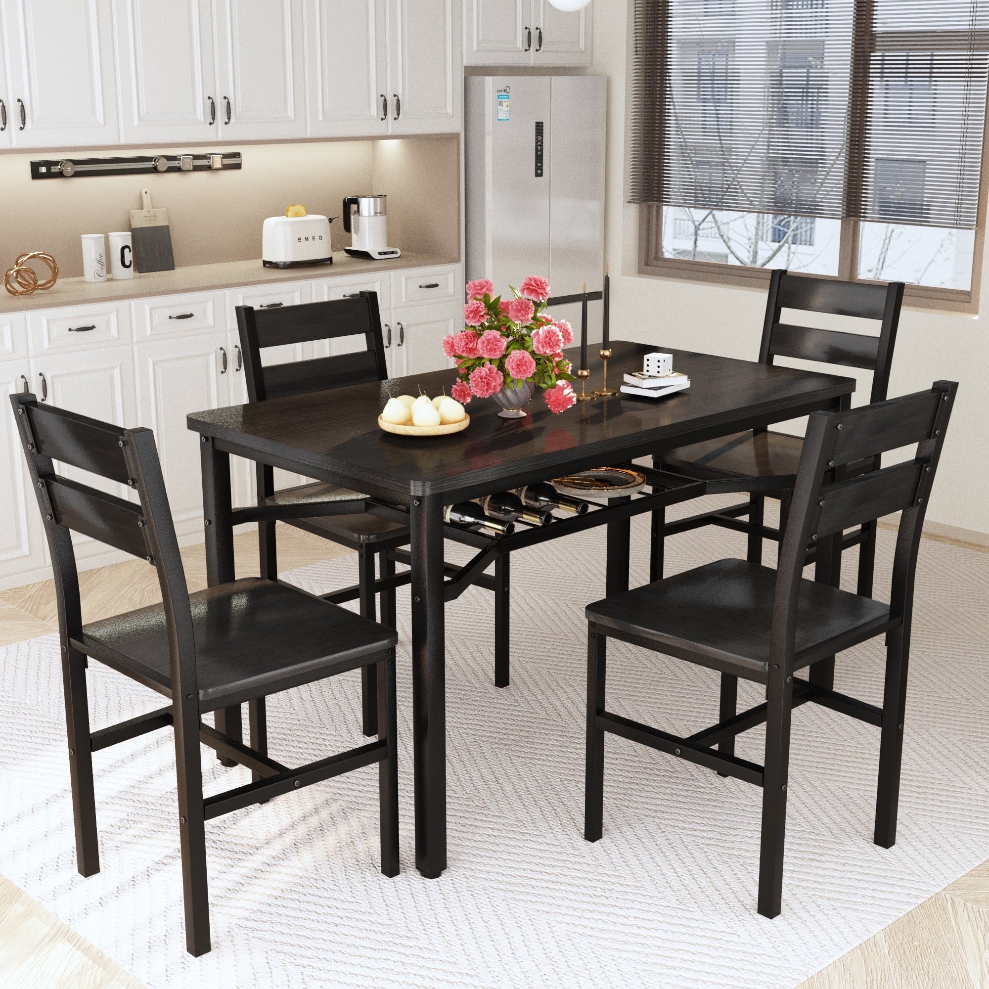 Baxluxe 4-person dining table set, farmhouse-style wooden kitchen dining table and chair set, farmhouse 5-piece dining table set with storage rack, small kitchen dining table set,Black