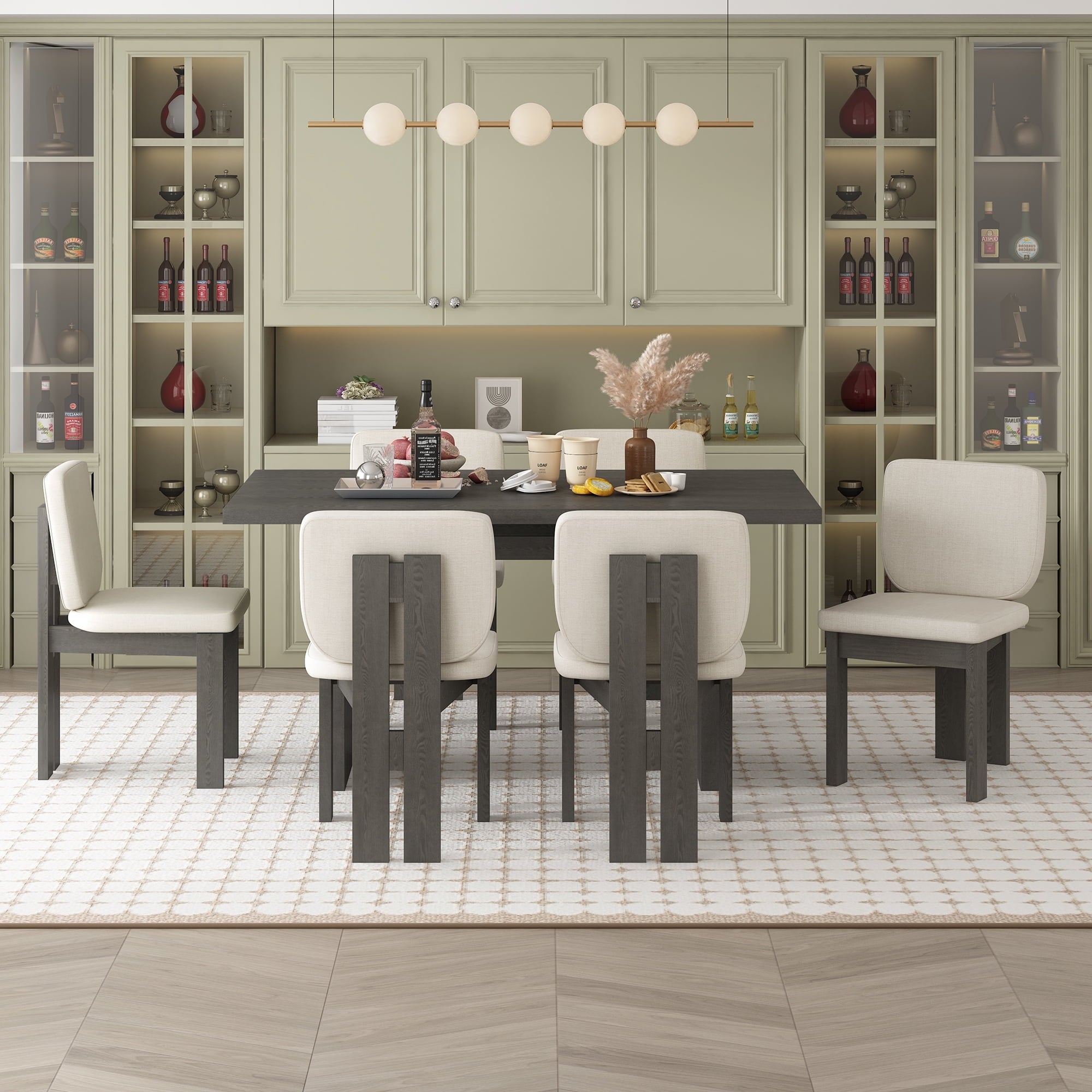 Harper & Bright Designs 7 Pieces Retro Dining Set for 6, Wood Rectangular Table with Designed Trestle Base and 6 Upholstered Chairs for Dining Room and Kitchen, Grey