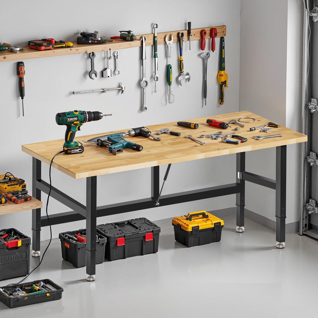MUWOOD 48-inch Folding Workbench with Adjustable Height, Wood Worktop, Rubberwood, 2000 LBS Capacity Heavy Duty for Workshop, Garage, Office, Home